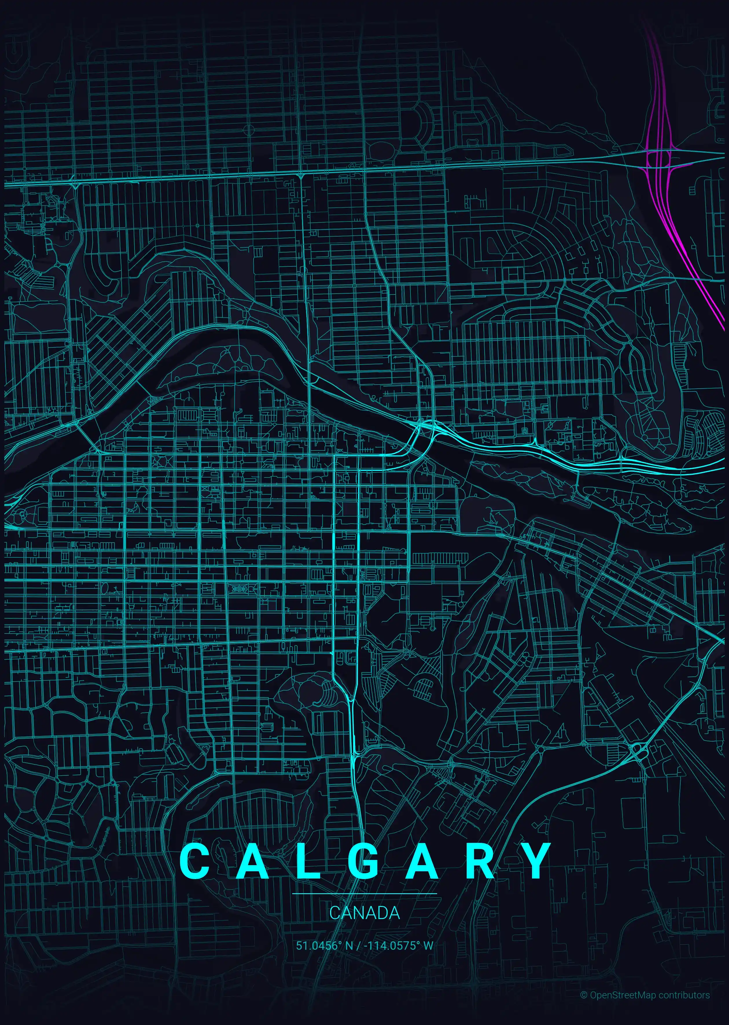 Minimalist neon_cyberpunk street map of Calgary, Canada - Urban grid art