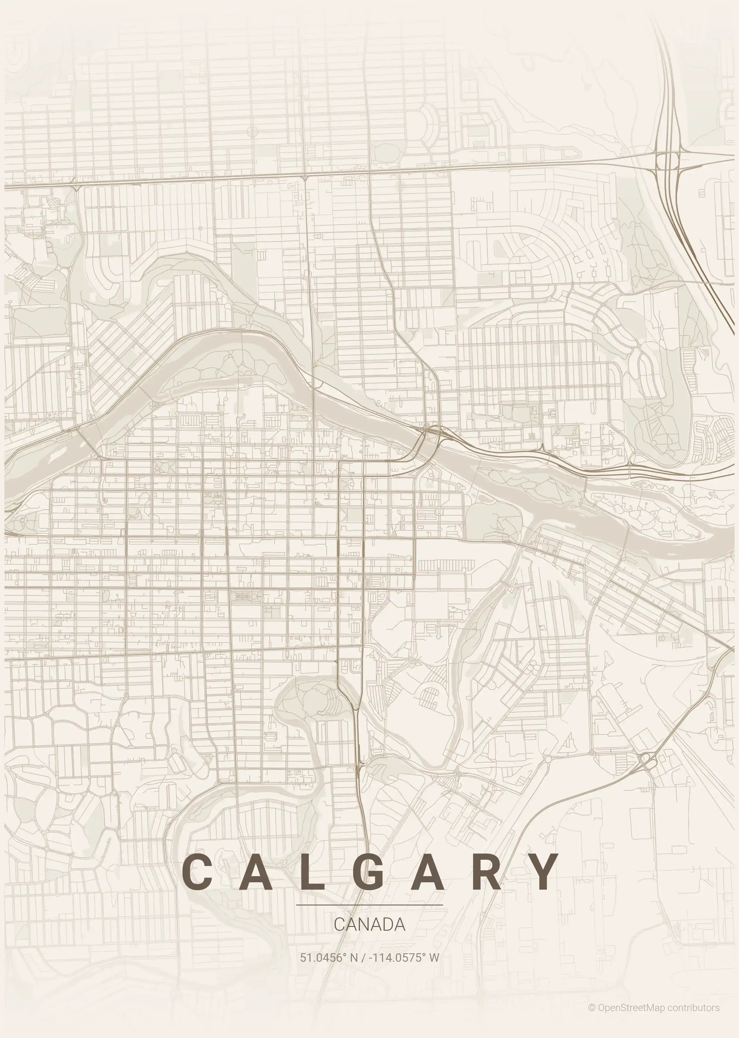 Minimalist warm_beige street map of Calgary, Canada - Urban grid art
