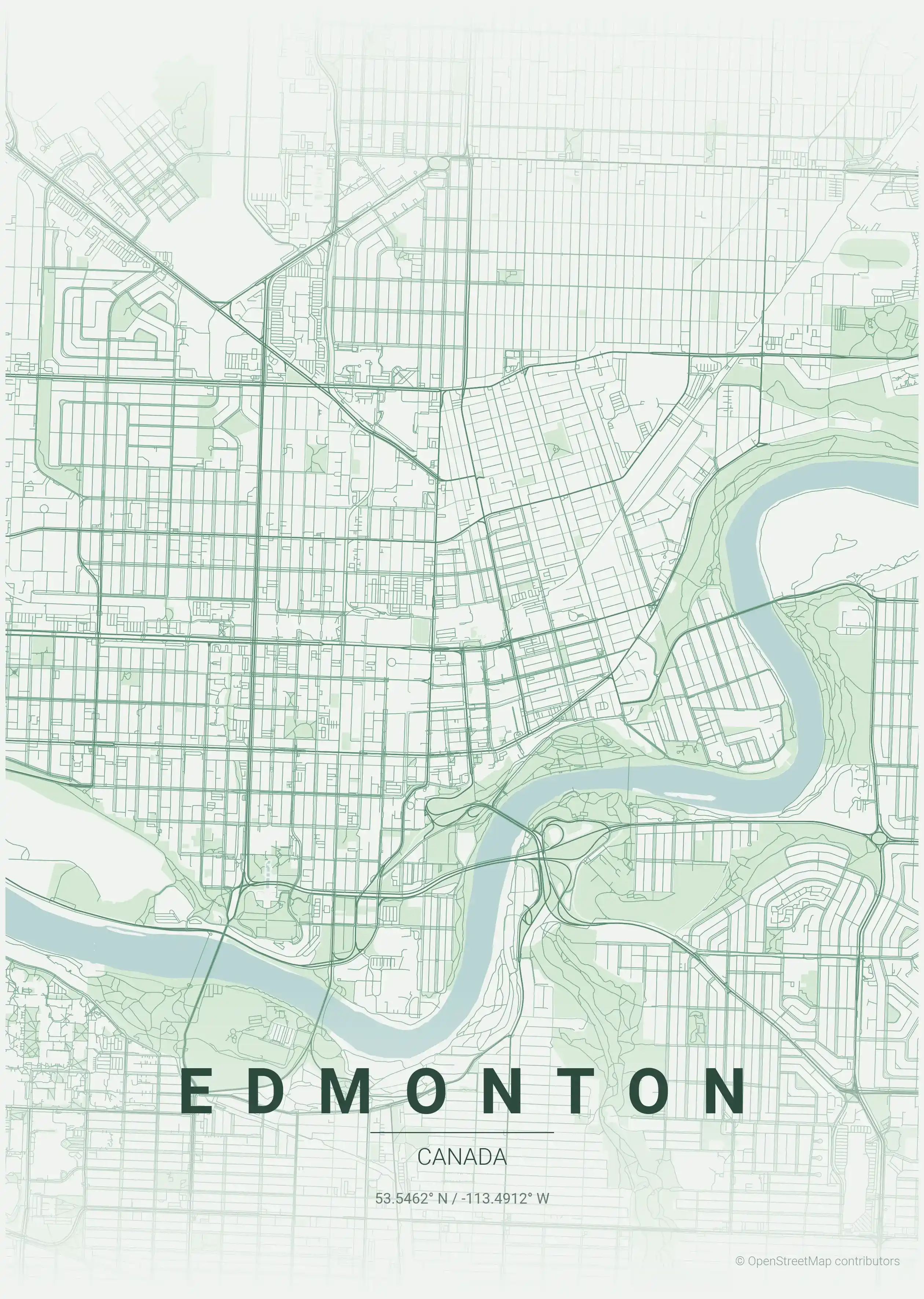 Minimalist forest street map of Edmonton, Canada - Urban grid art