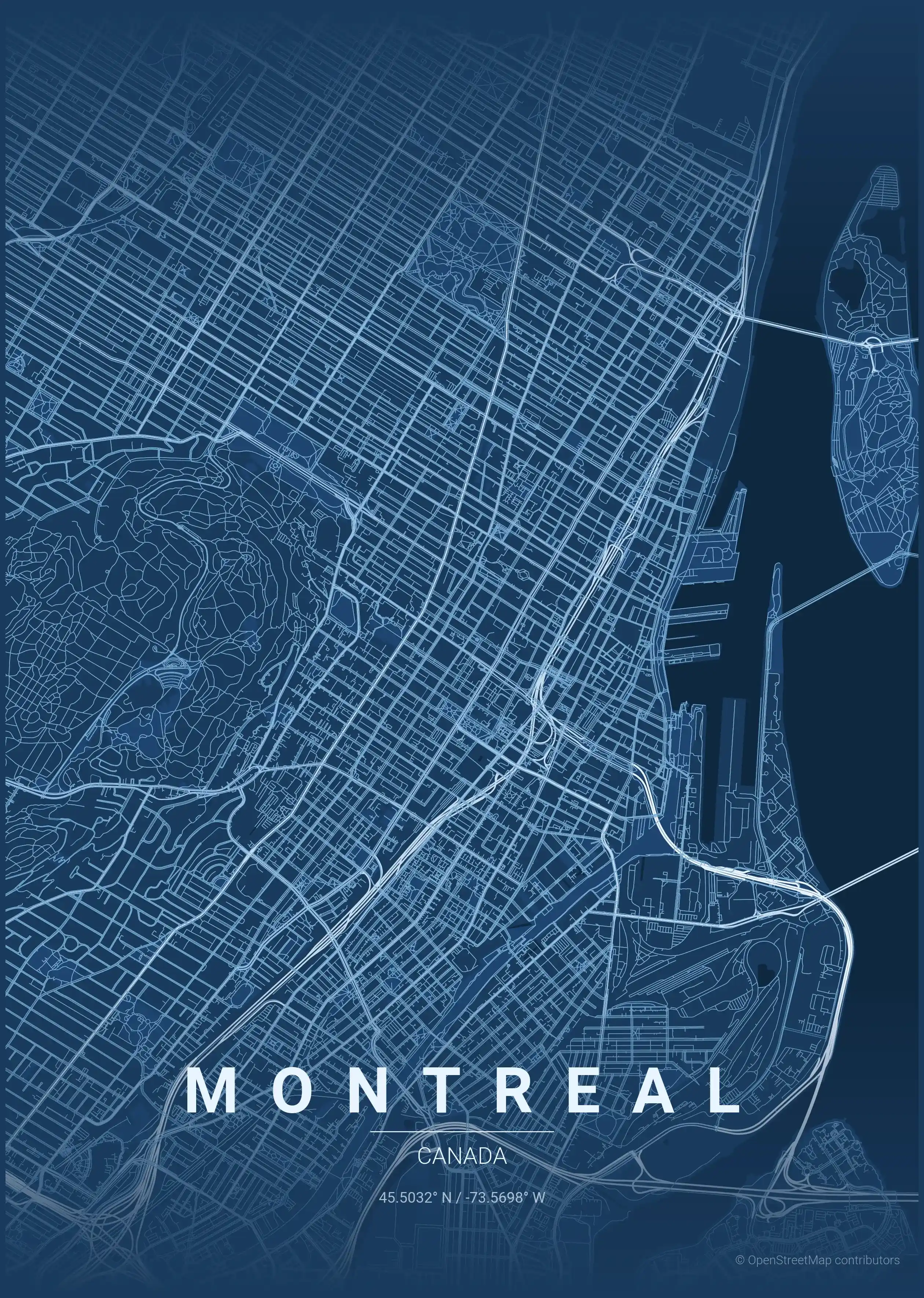 Minimalist blueprint street map of Montreal, Canada - Urban grid art