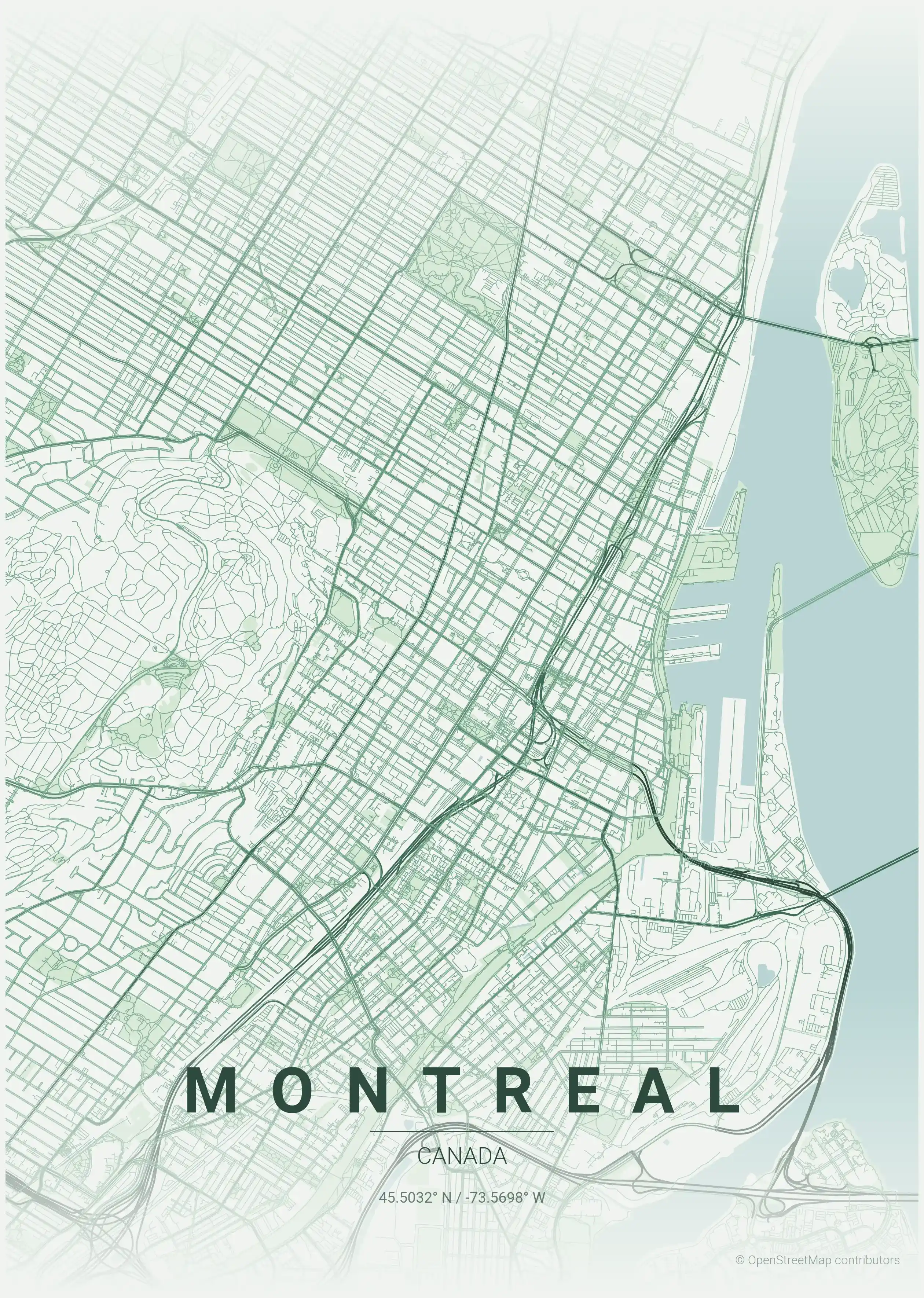 Minimalist forest street map of Montreal, Canada - Urban grid art