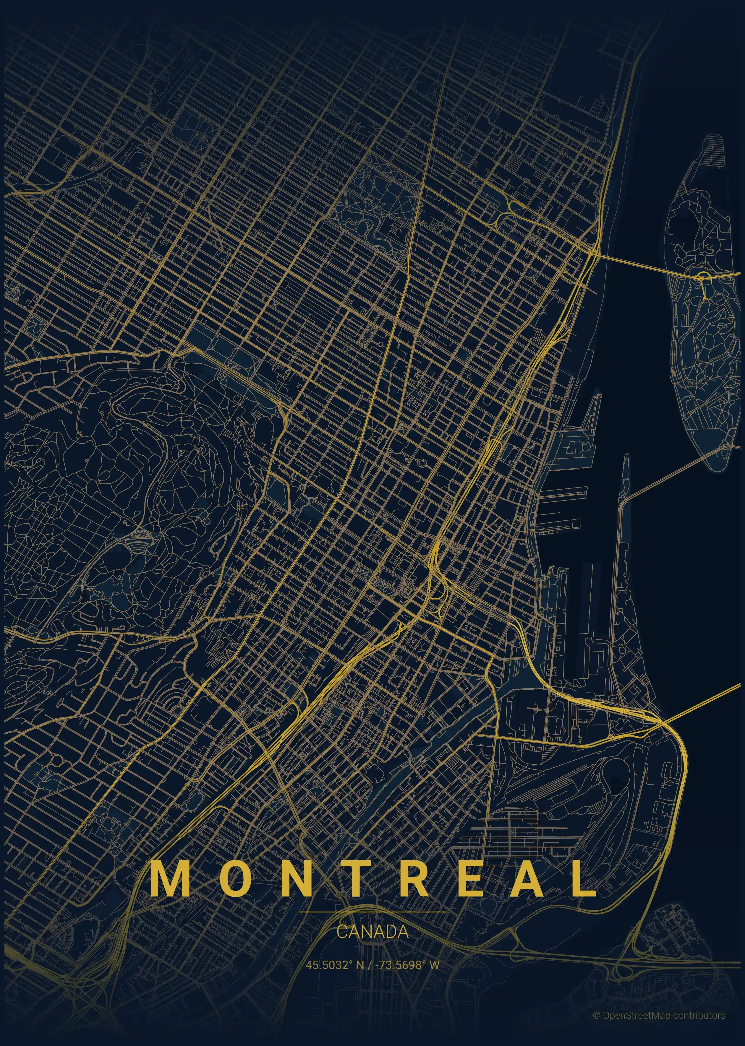 Minimalist midnight_blue street map of Montreal, Canada - Urban grid art