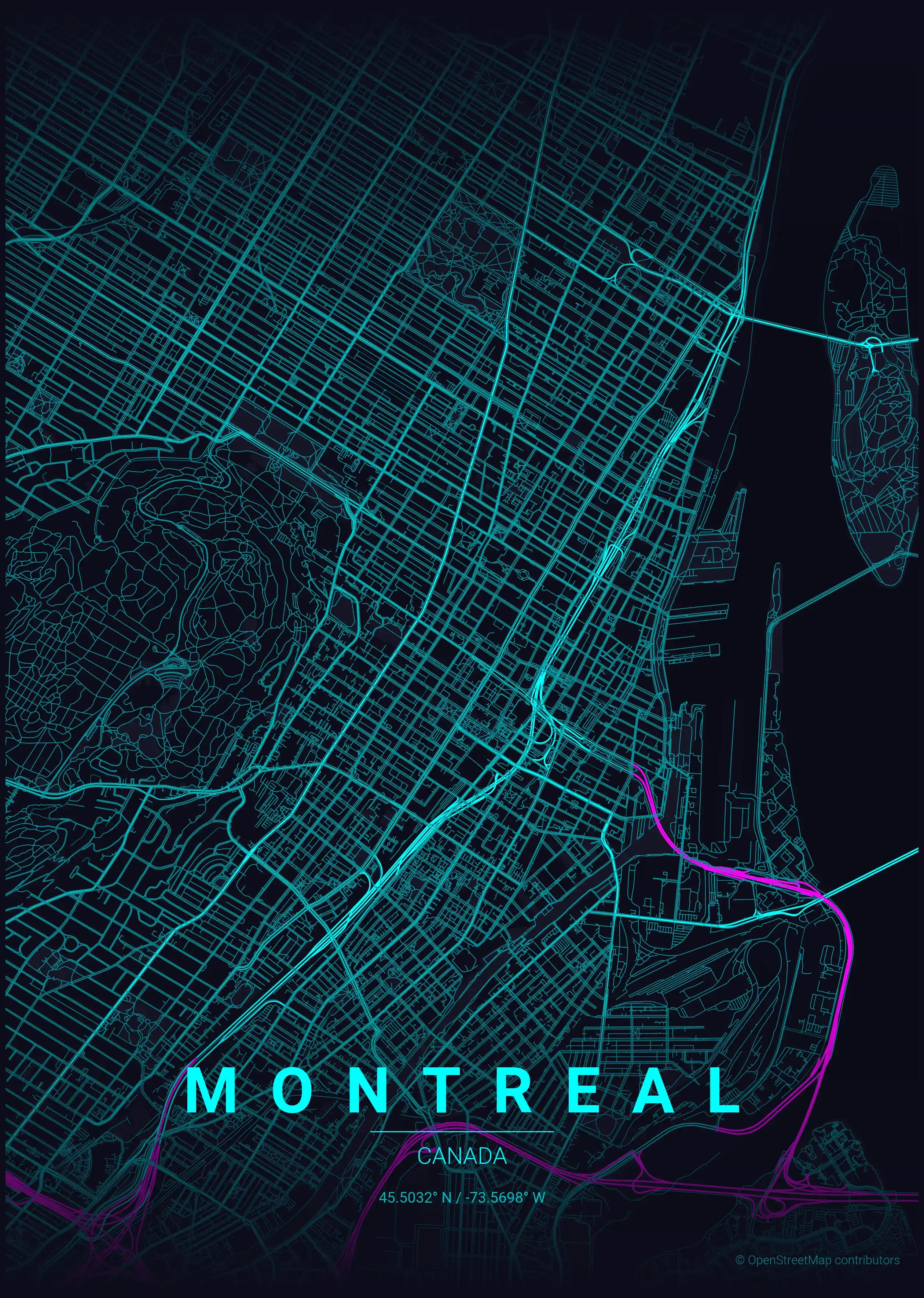 Minimalist neon_cyberpunk street map of Montreal, Canada - Urban grid art