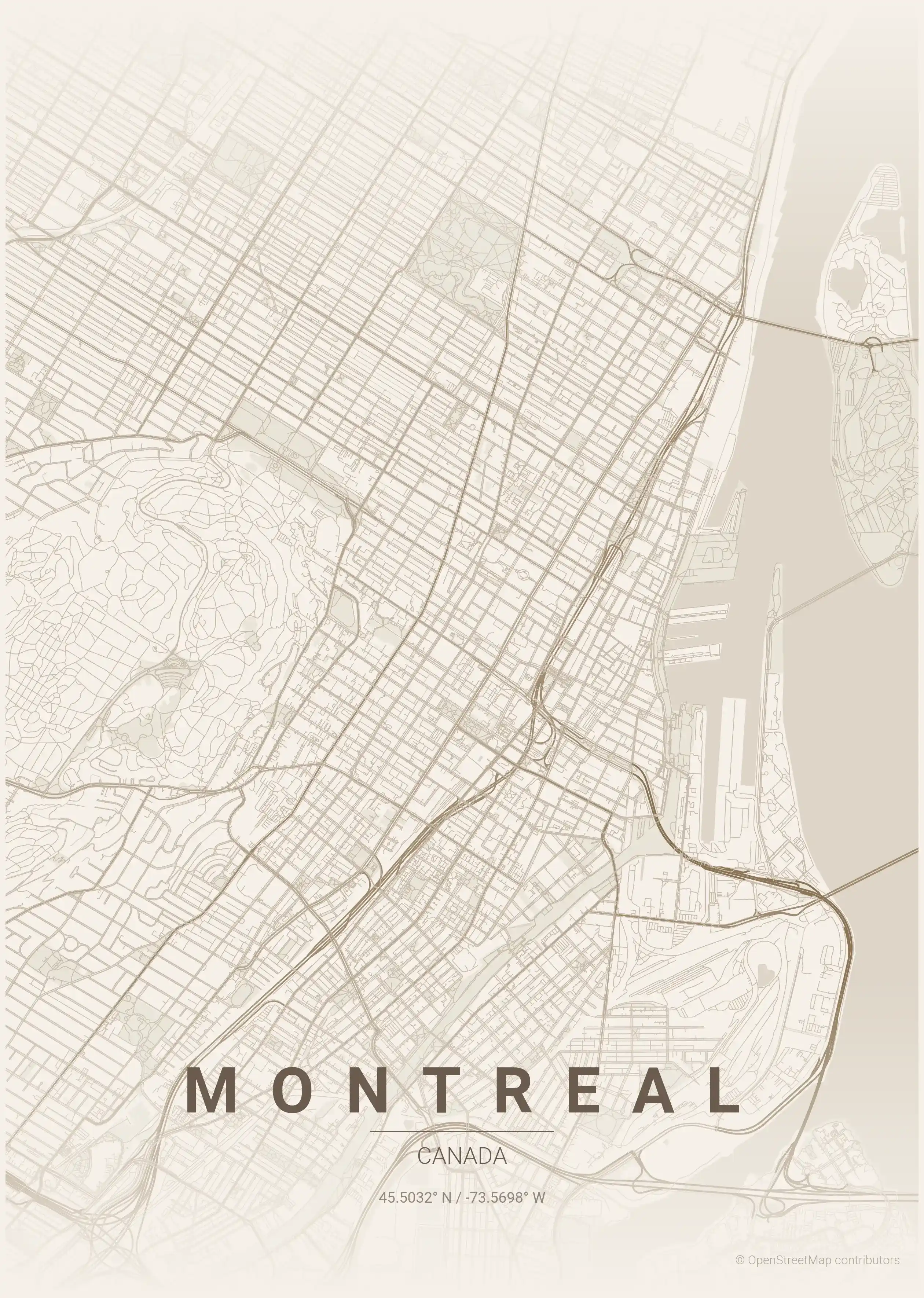 Minimalist warm_beige street map of Montreal, Canada - Urban grid art