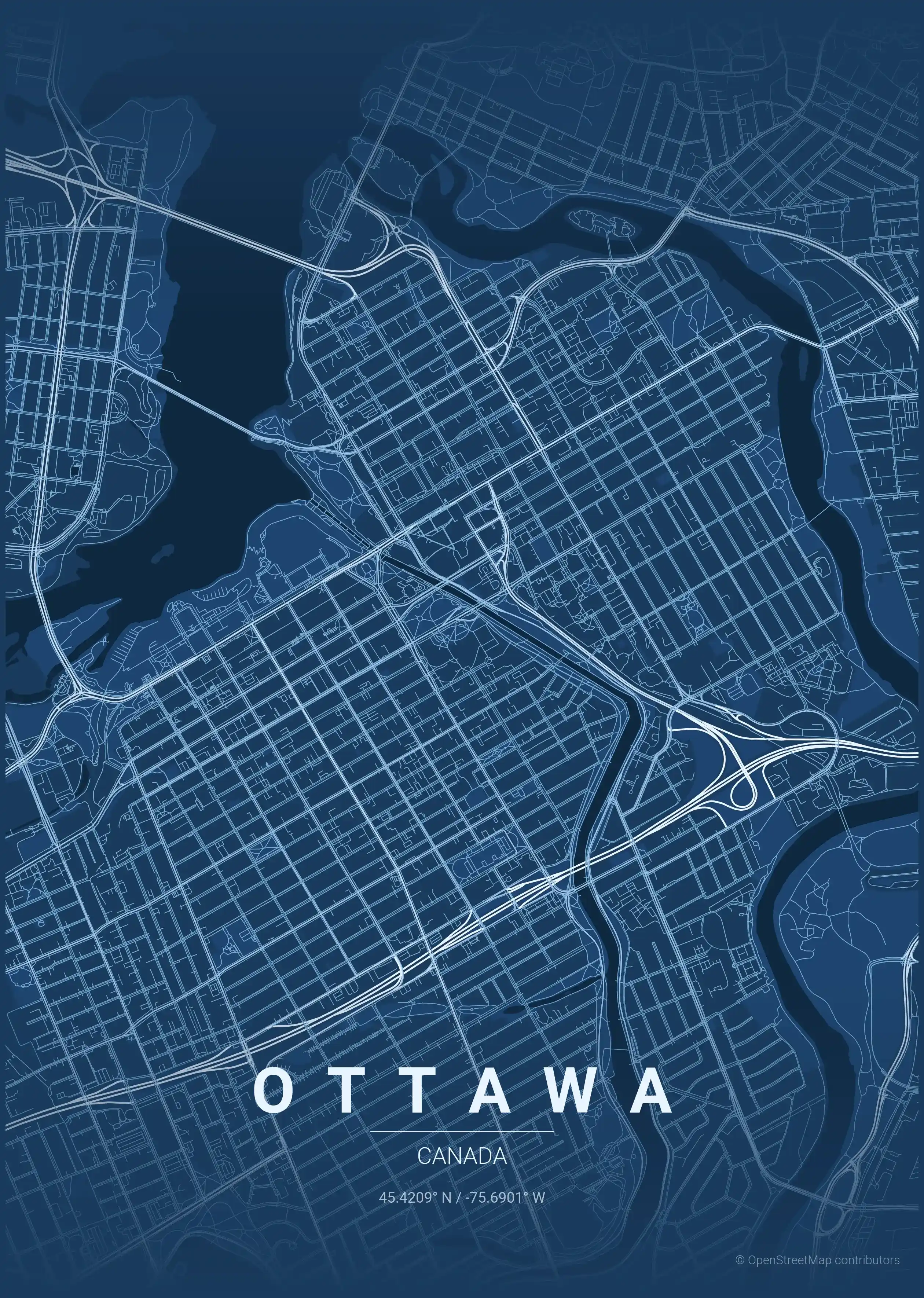 Minimalist blueprint street map of Ottawa, Canada - Urban grid art
