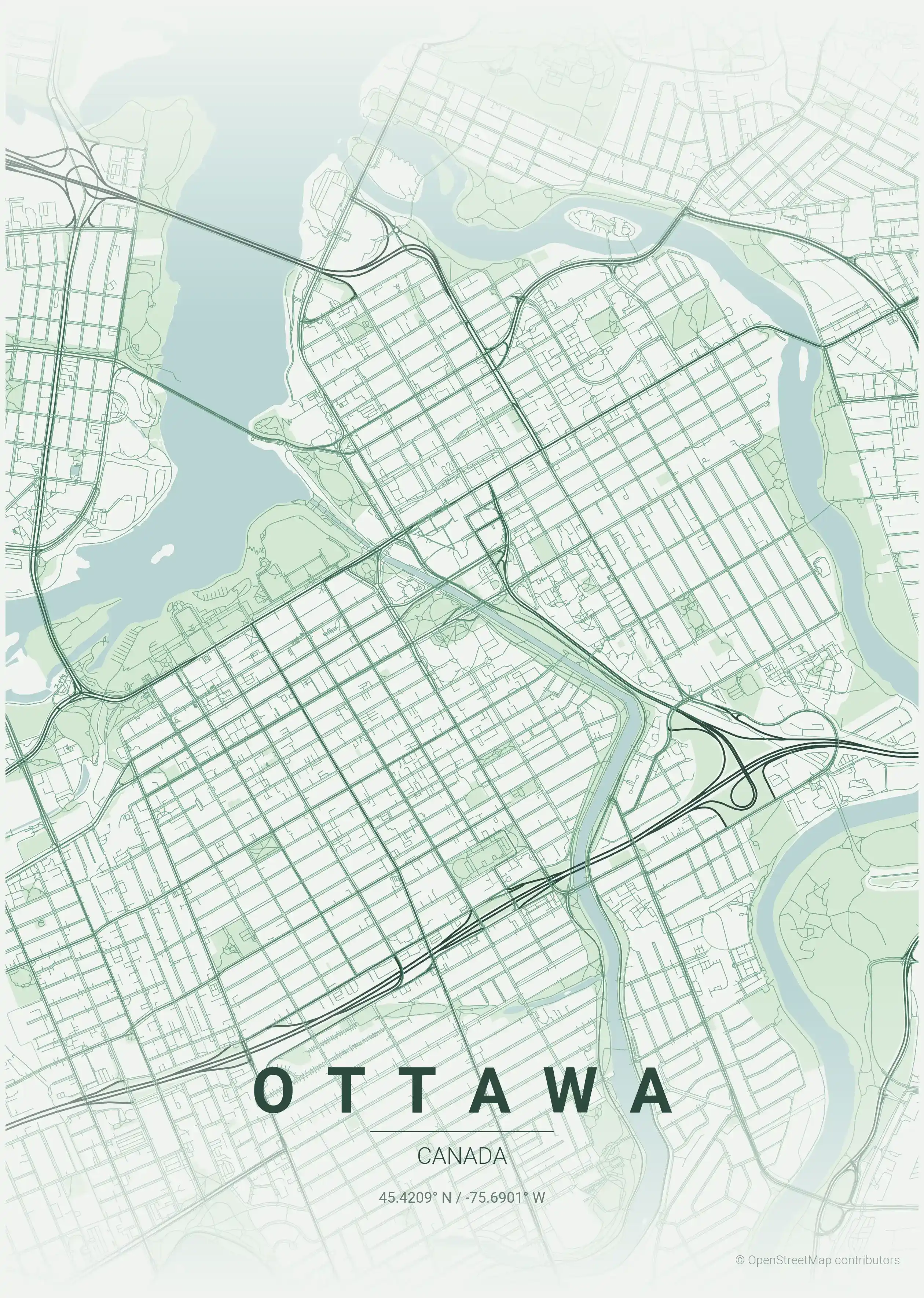 Minimalist forest street map of Ottawa, Canada - Urban grid art