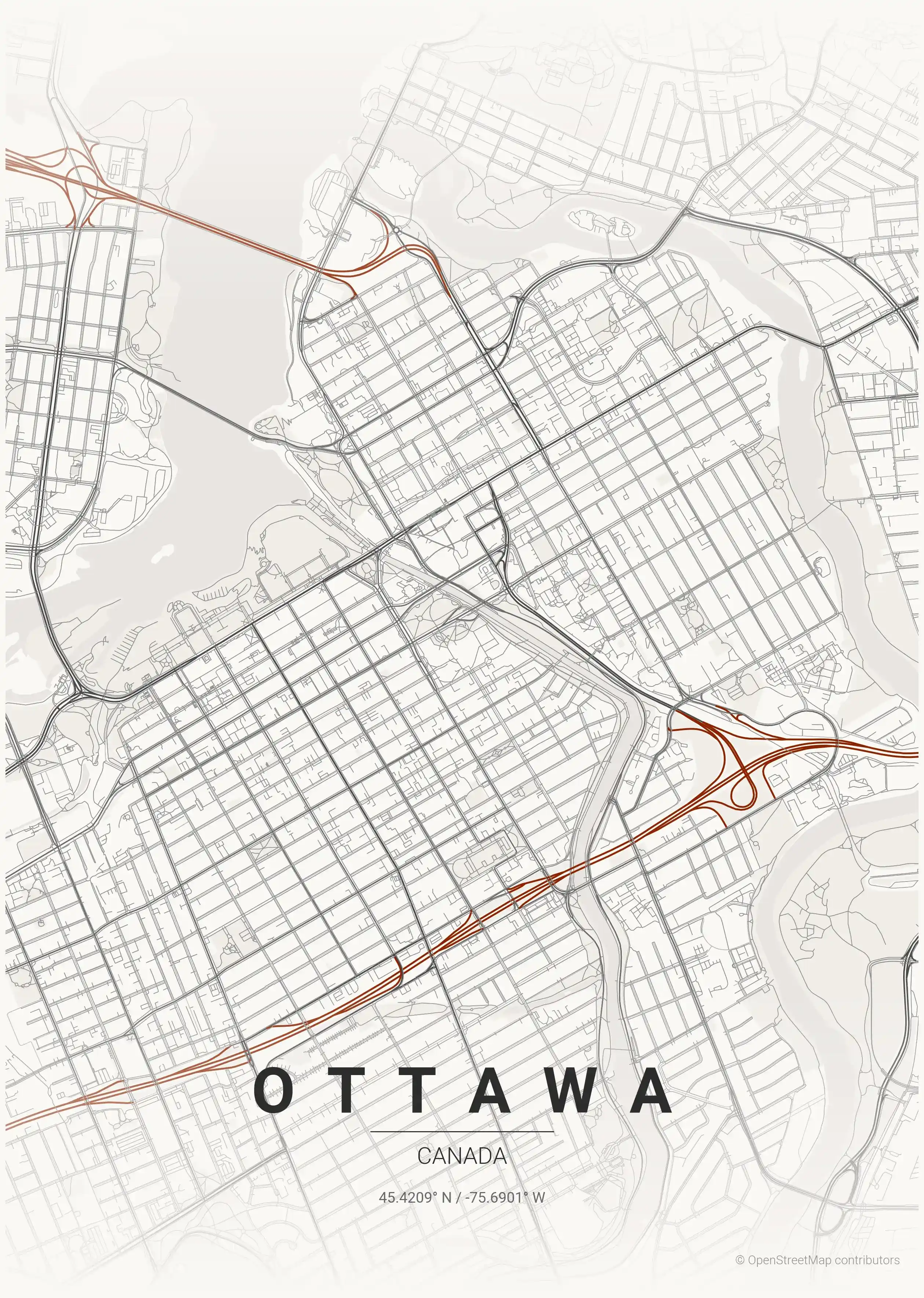 Minimalist japanese_ink street map of Ottawa, Canada - Urban grid art