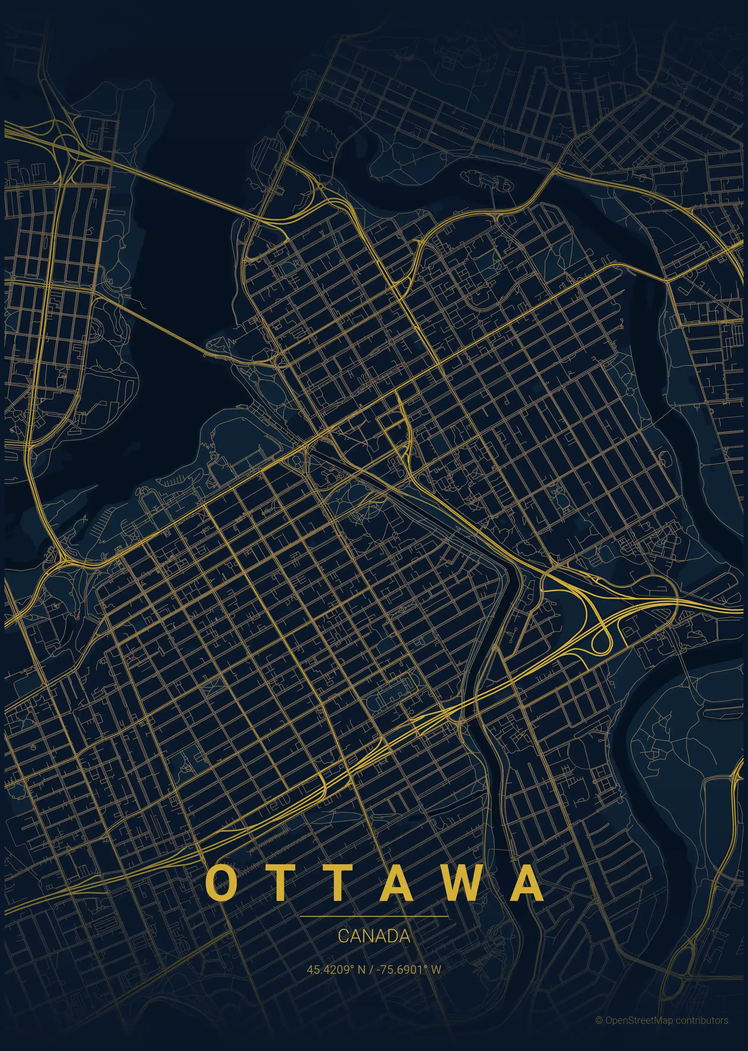 Minimalist midnight_blue street map of Ottawa, Canada - Urban grid art