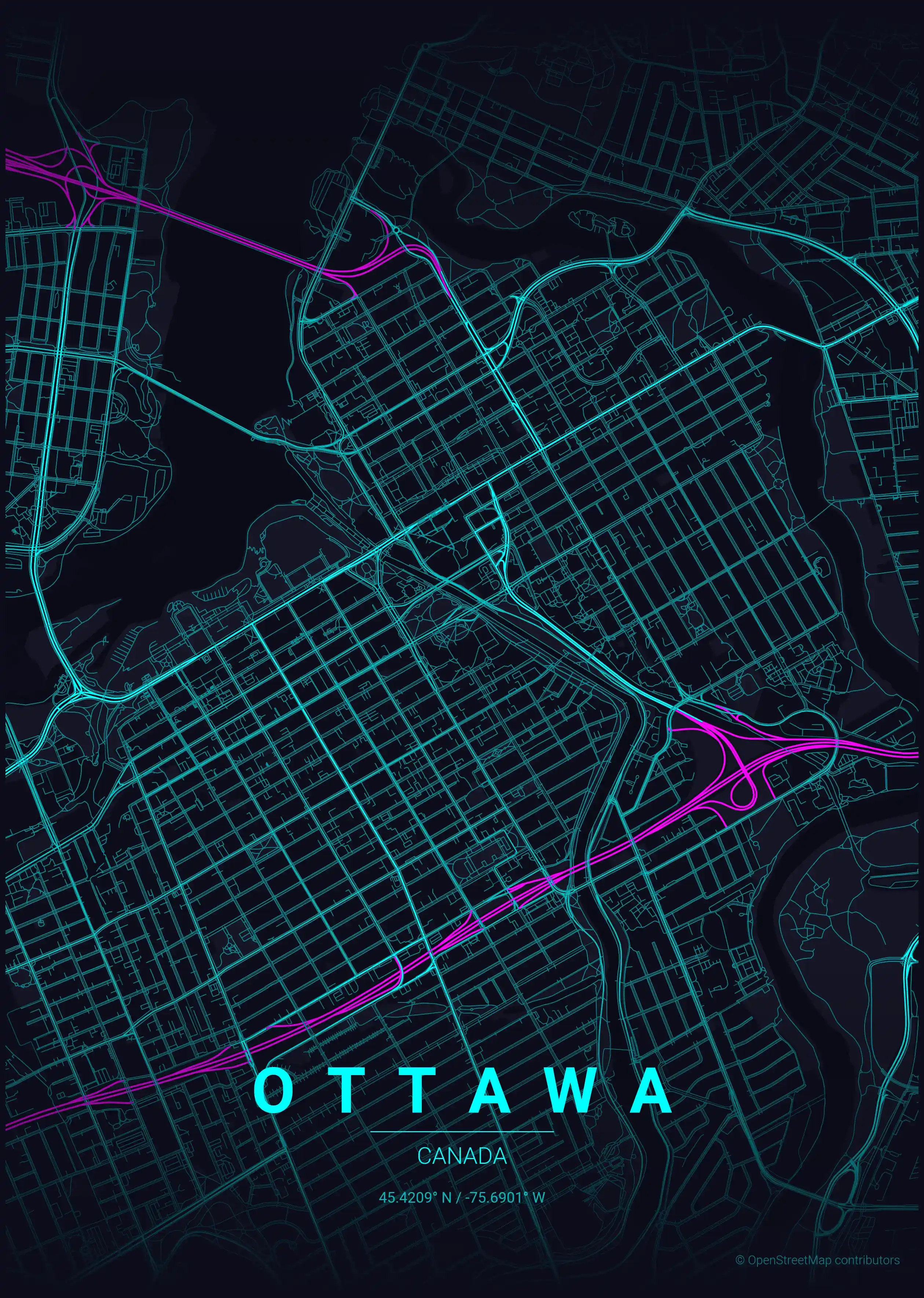 Minimalist neon_cyberpunk street map of Ottawa, Canada - Urban grid art
