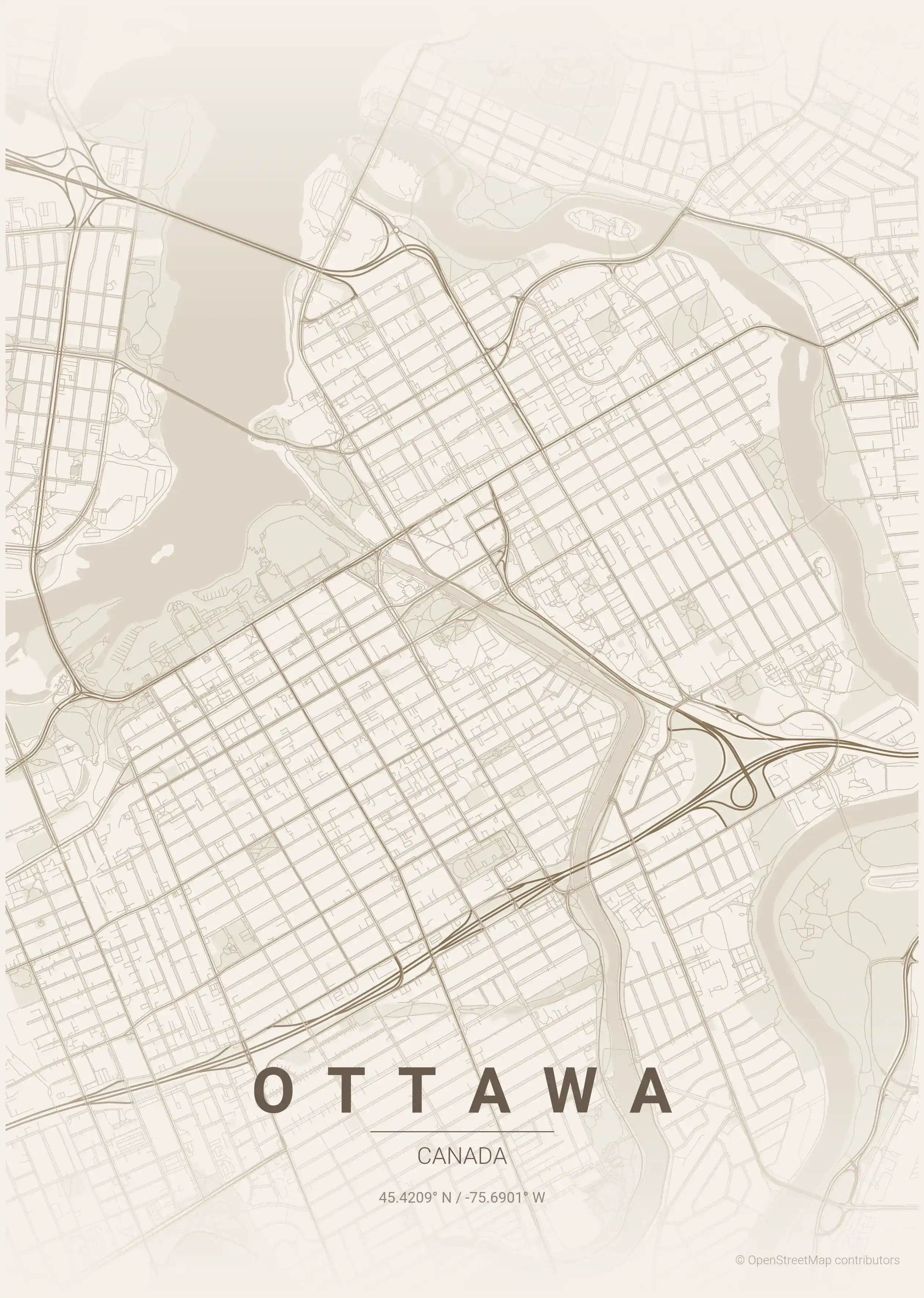 Minimalist warm_beige street map of Ottawa, Canada - Urban grid art