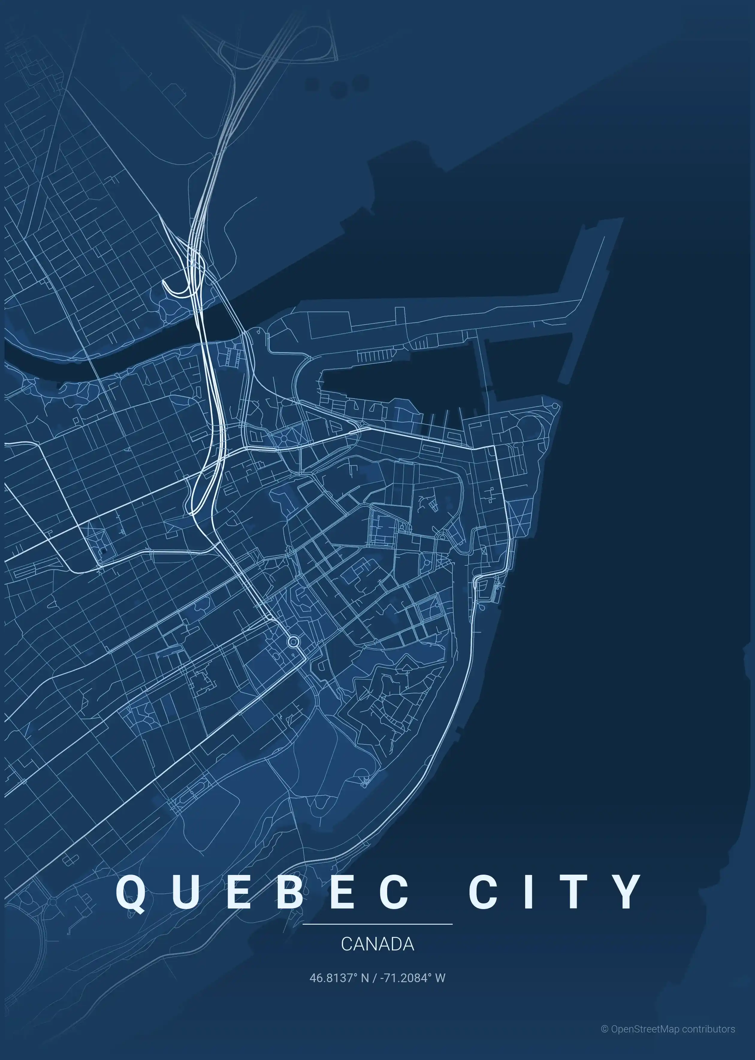 Minimalist blueprint street map of Quebec City, Canada - Urban grid art