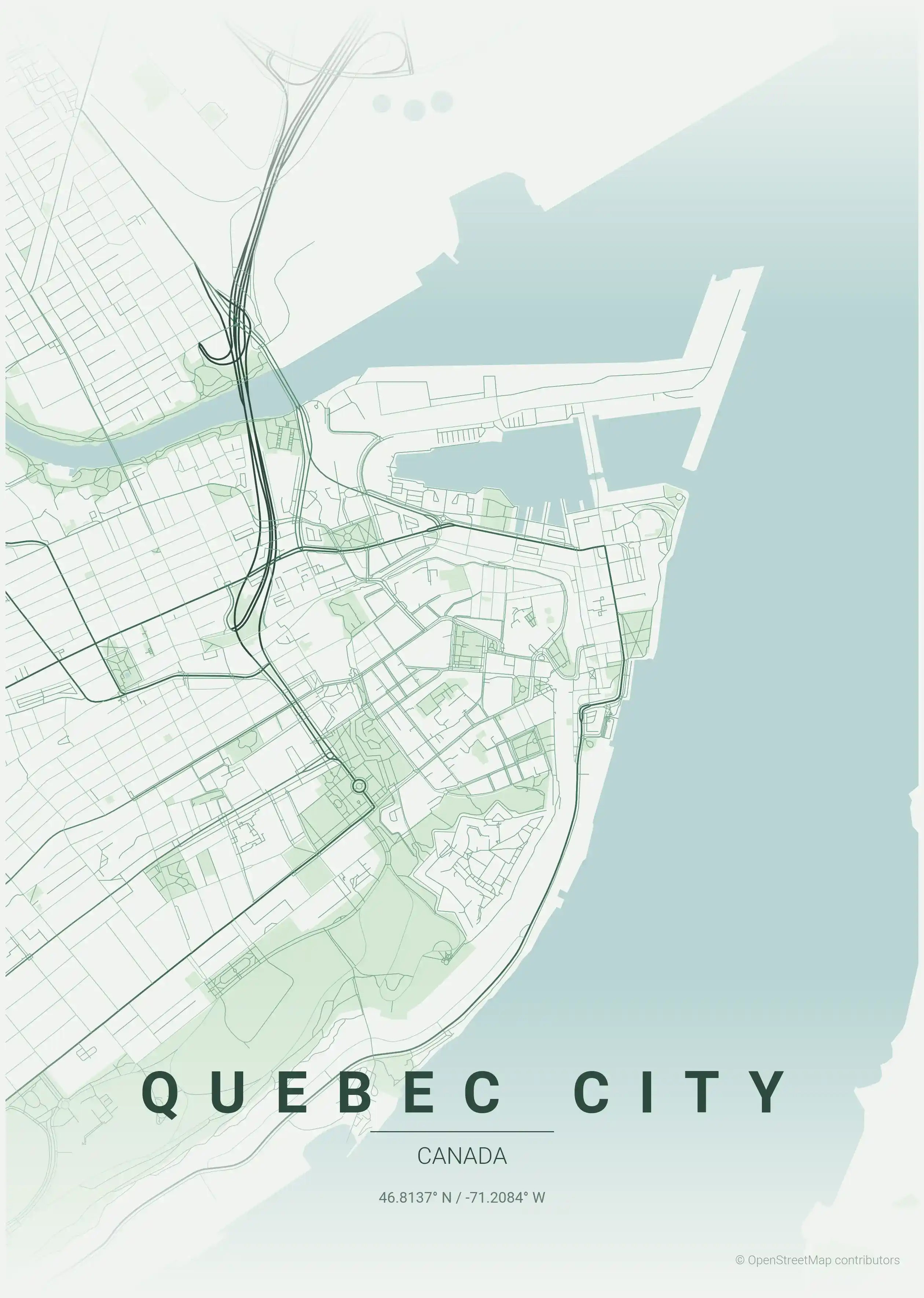 Minimalist forest street map of Quebec City, Canada - Urban grid art