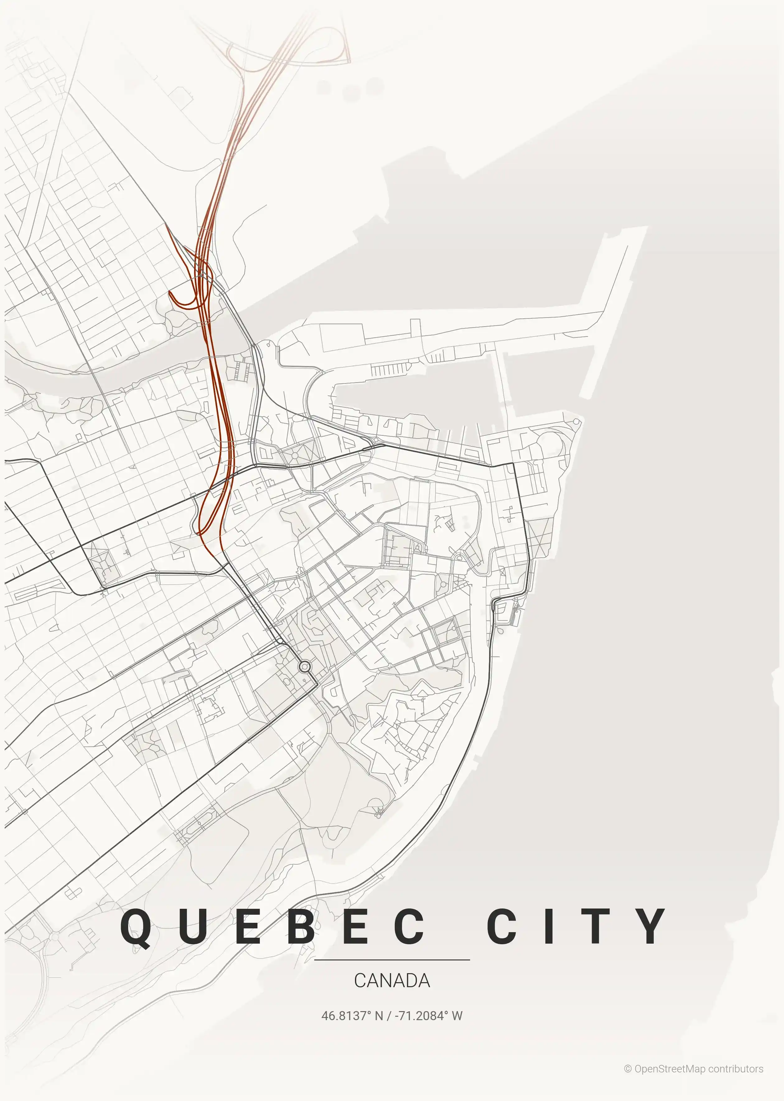 Minimalist japanese_ink street map of Quebec City, Canada - Urban grid art