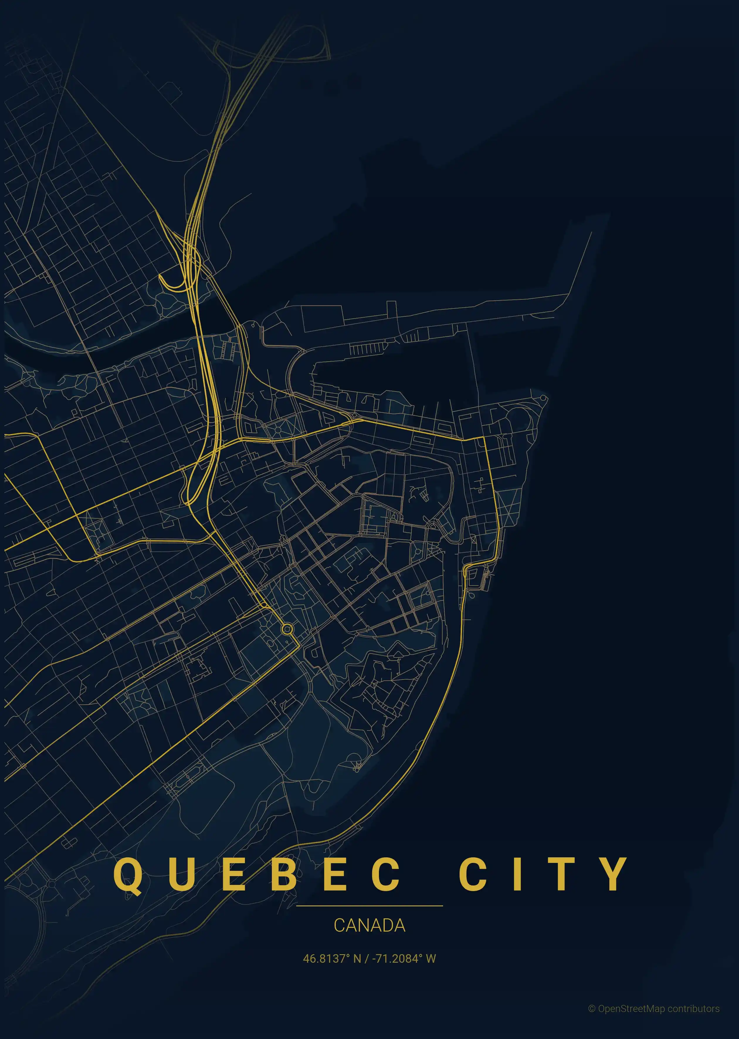 Minimalist midnight_blue street map of Quebec City, Canada - Urban grid art