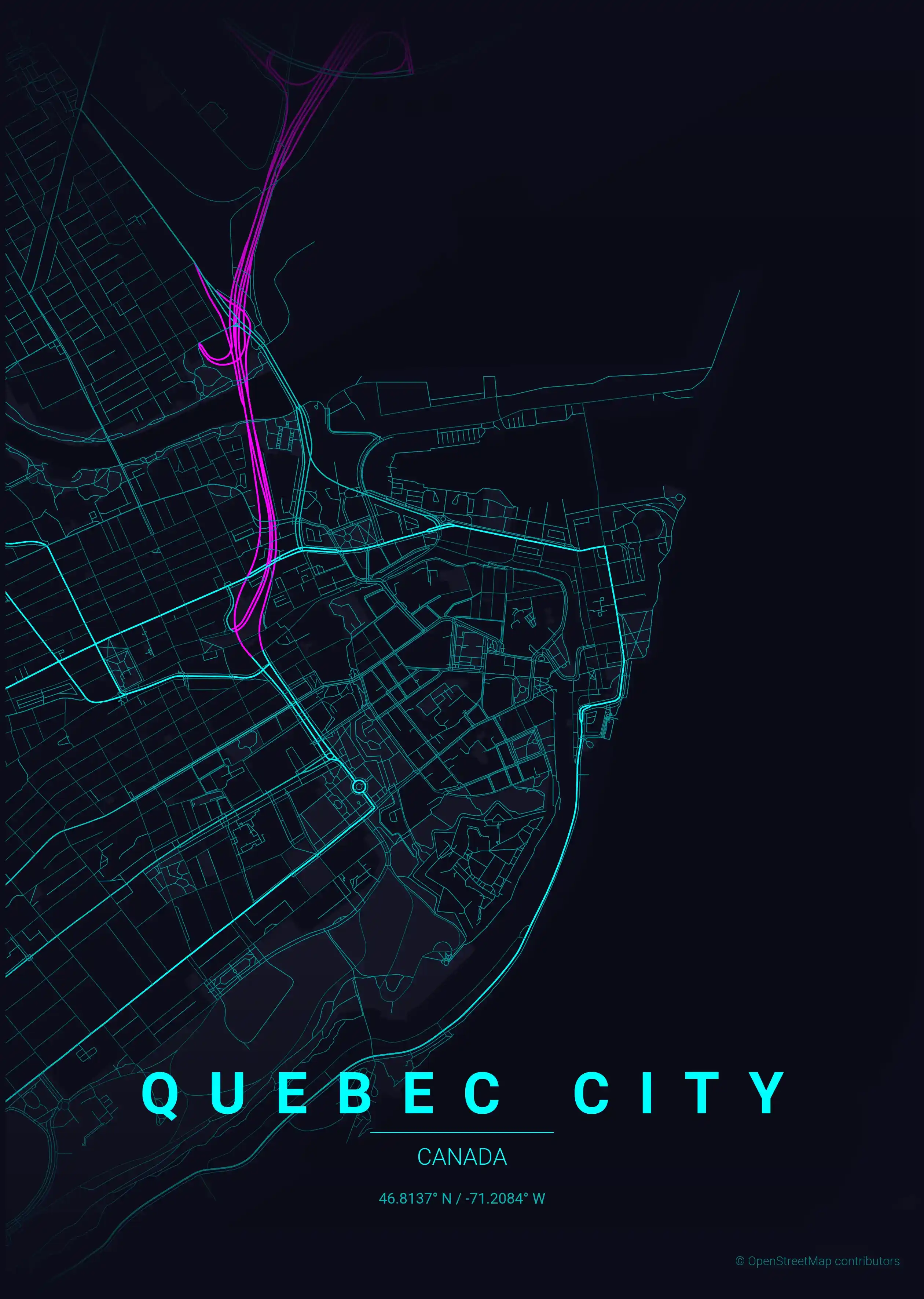 Minimalist neon_cyberpunk street map of Quebec City, Canada - Urban grid art