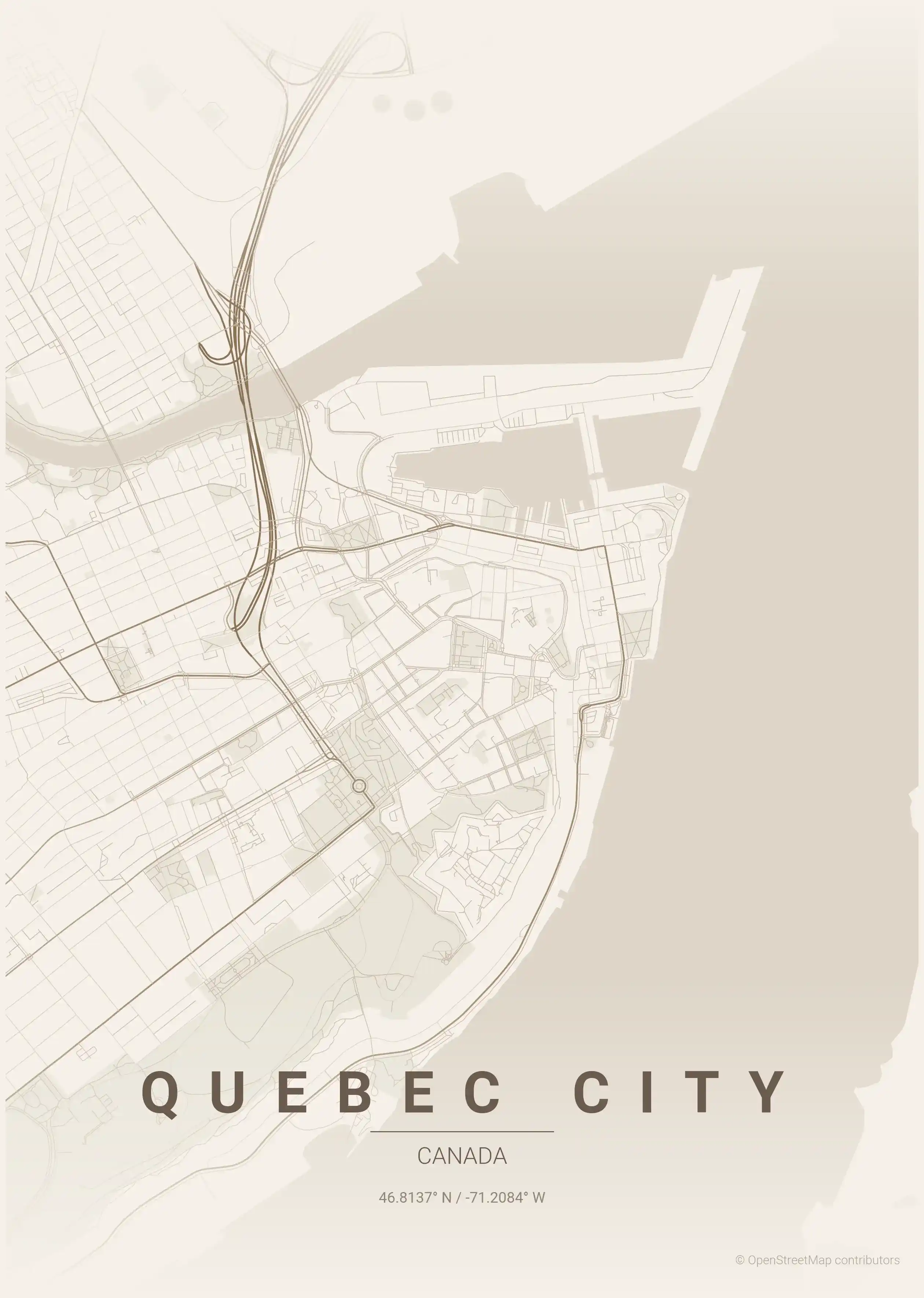 Minimalist warm_beige street map of Quebec City, Canada - Urban grid art