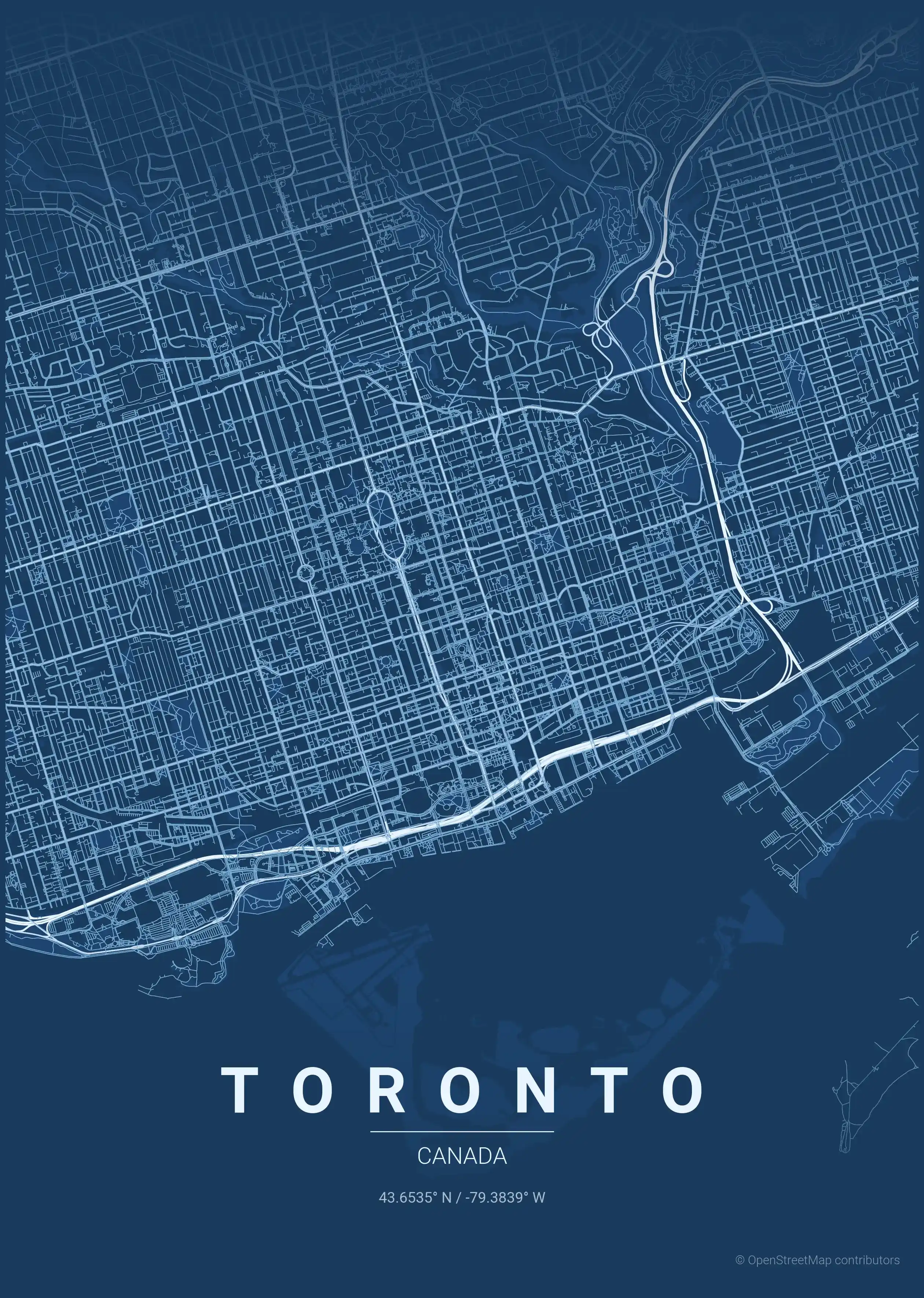 Minimalist blueprint street map of Toronto, Canada - Urban grid art