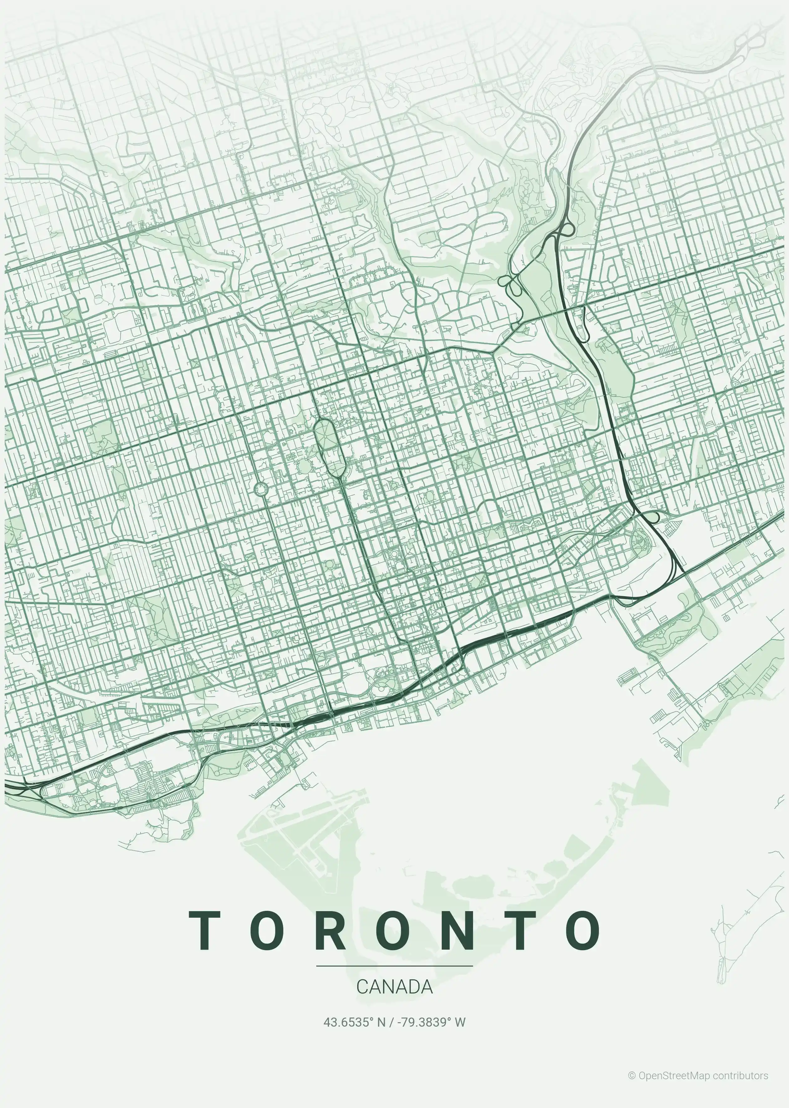 Minimalist forest street map of Toronto, Canada - Urban grid art