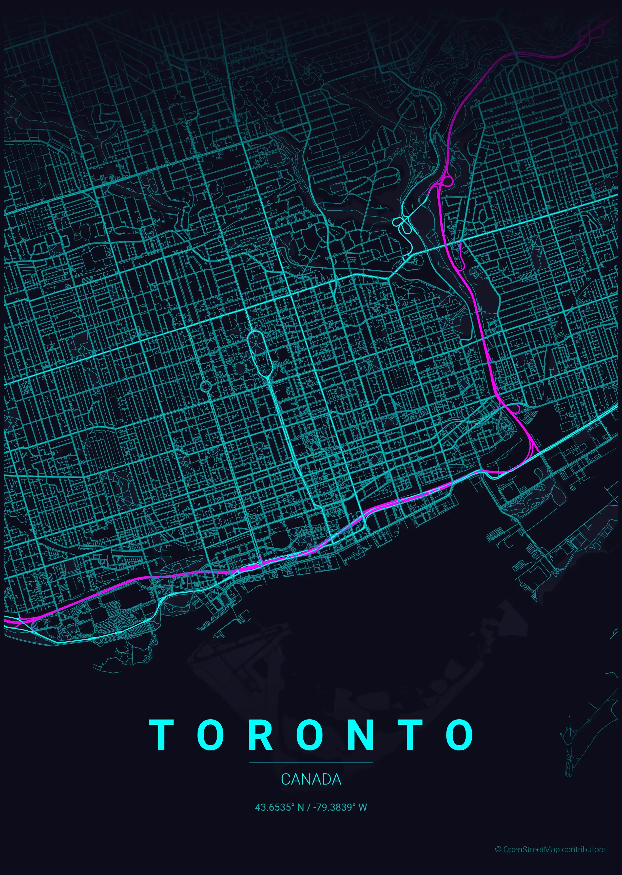 Minimalist neon_cyberpunk street map of Toronto, Canada - Urban grid art