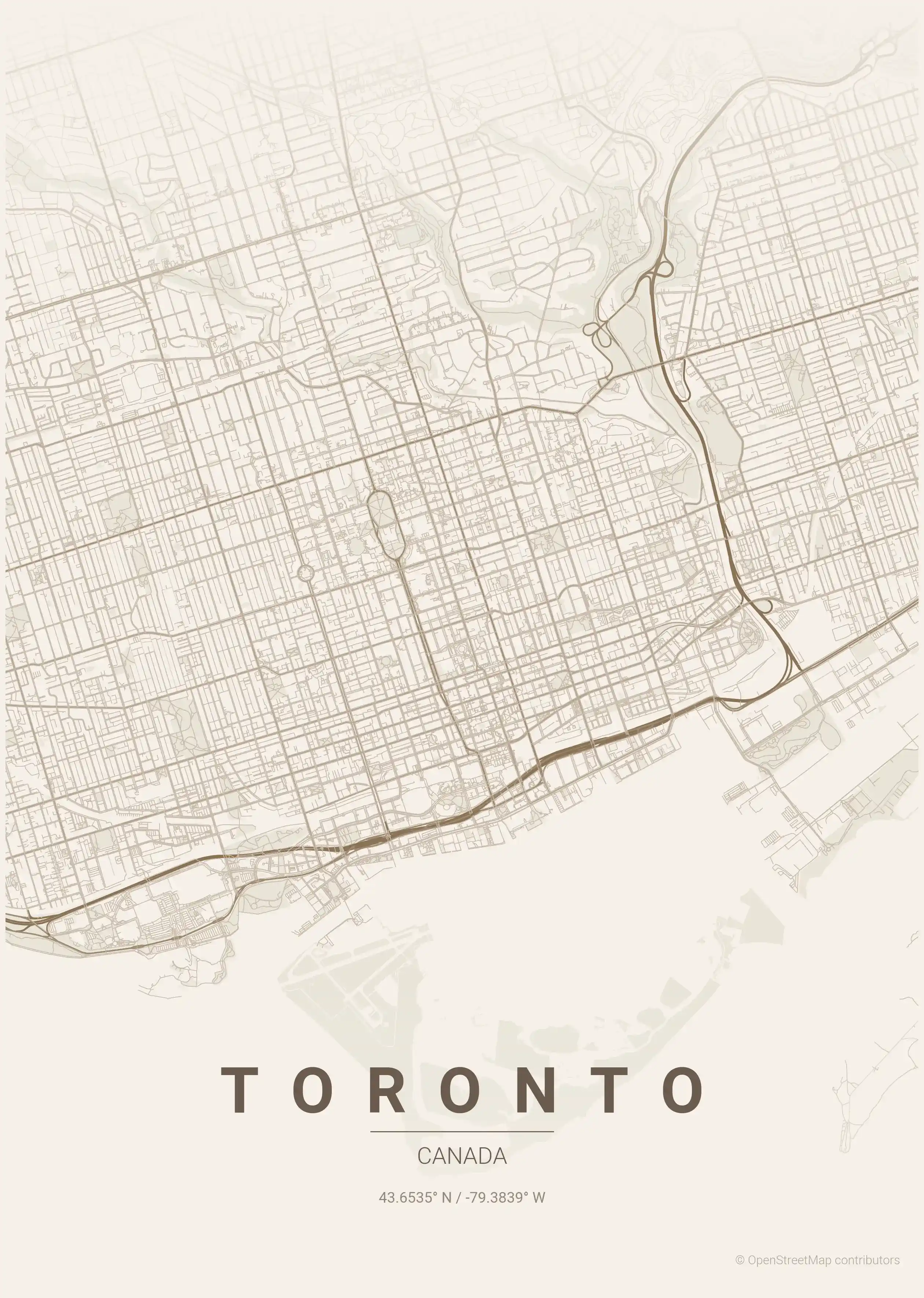 Minimalist warm_beige street map of Toronto, Canada - Urban grid art