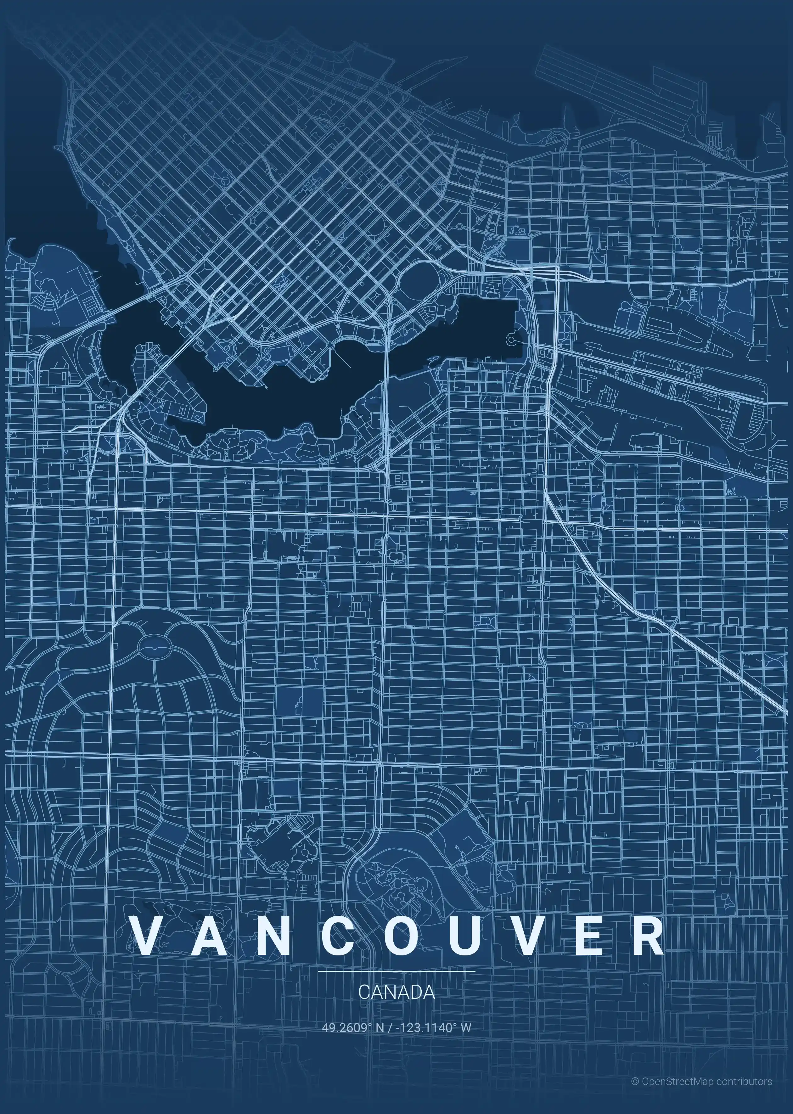 Minimalist blueprint street map of Vancouver, Canada - Urban grid art