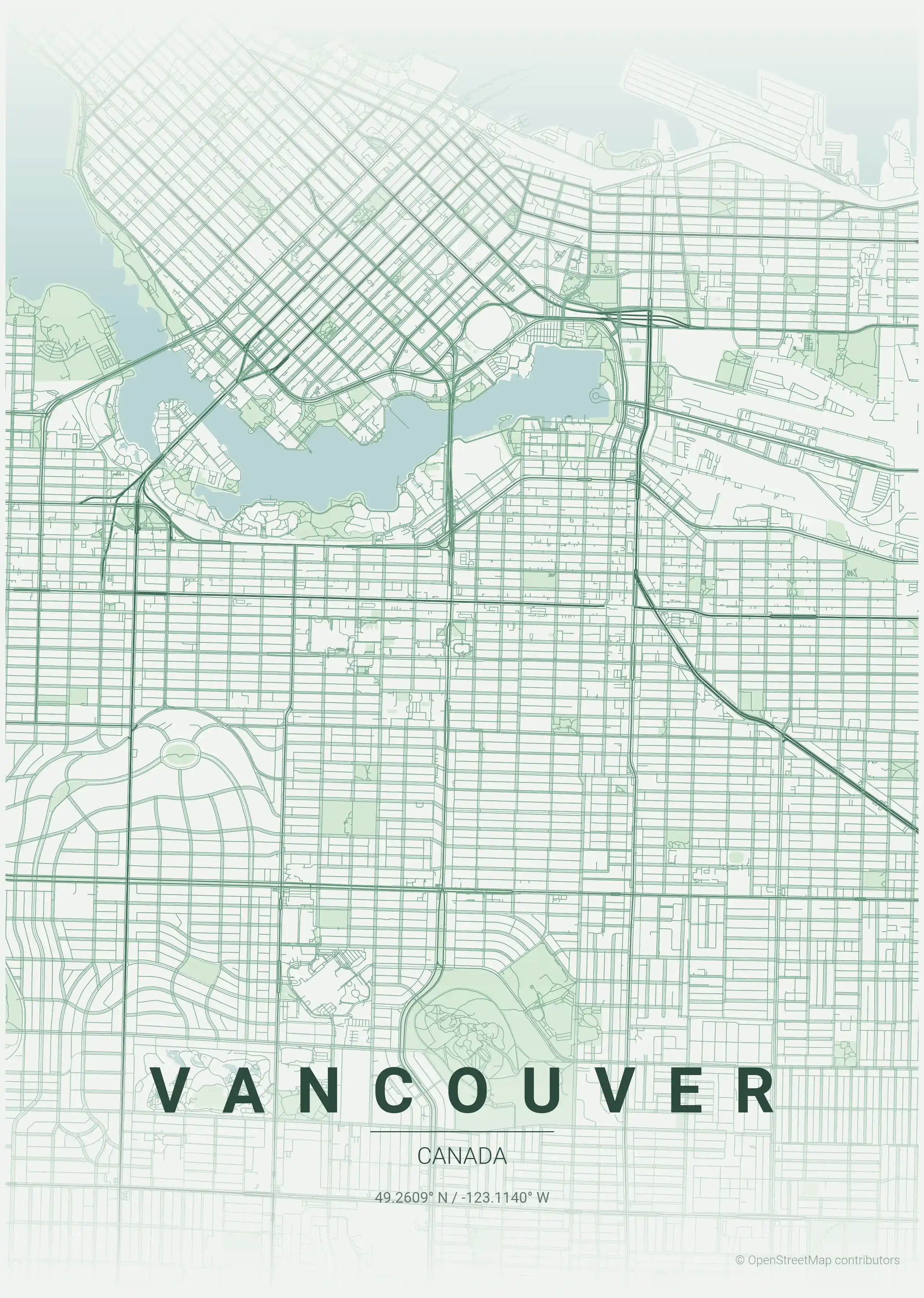 Minimalist forest street map of Vancouver, Canada - Urban grid art