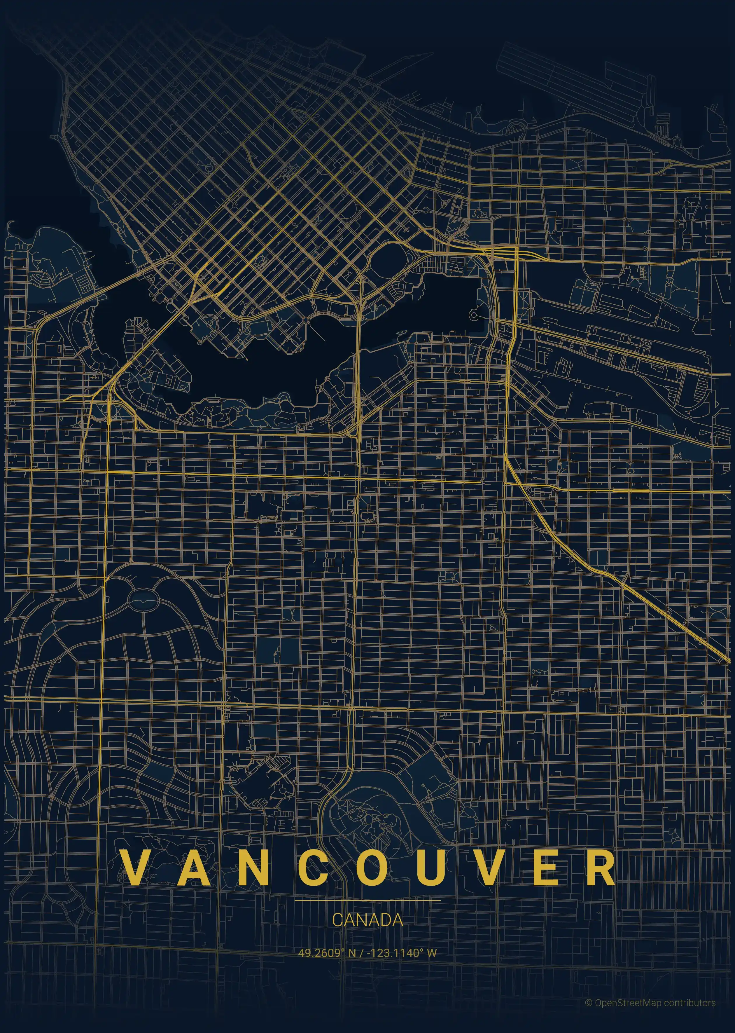 Minimalist midnight_blue street map of Vancouver, Canada - Urban grid art