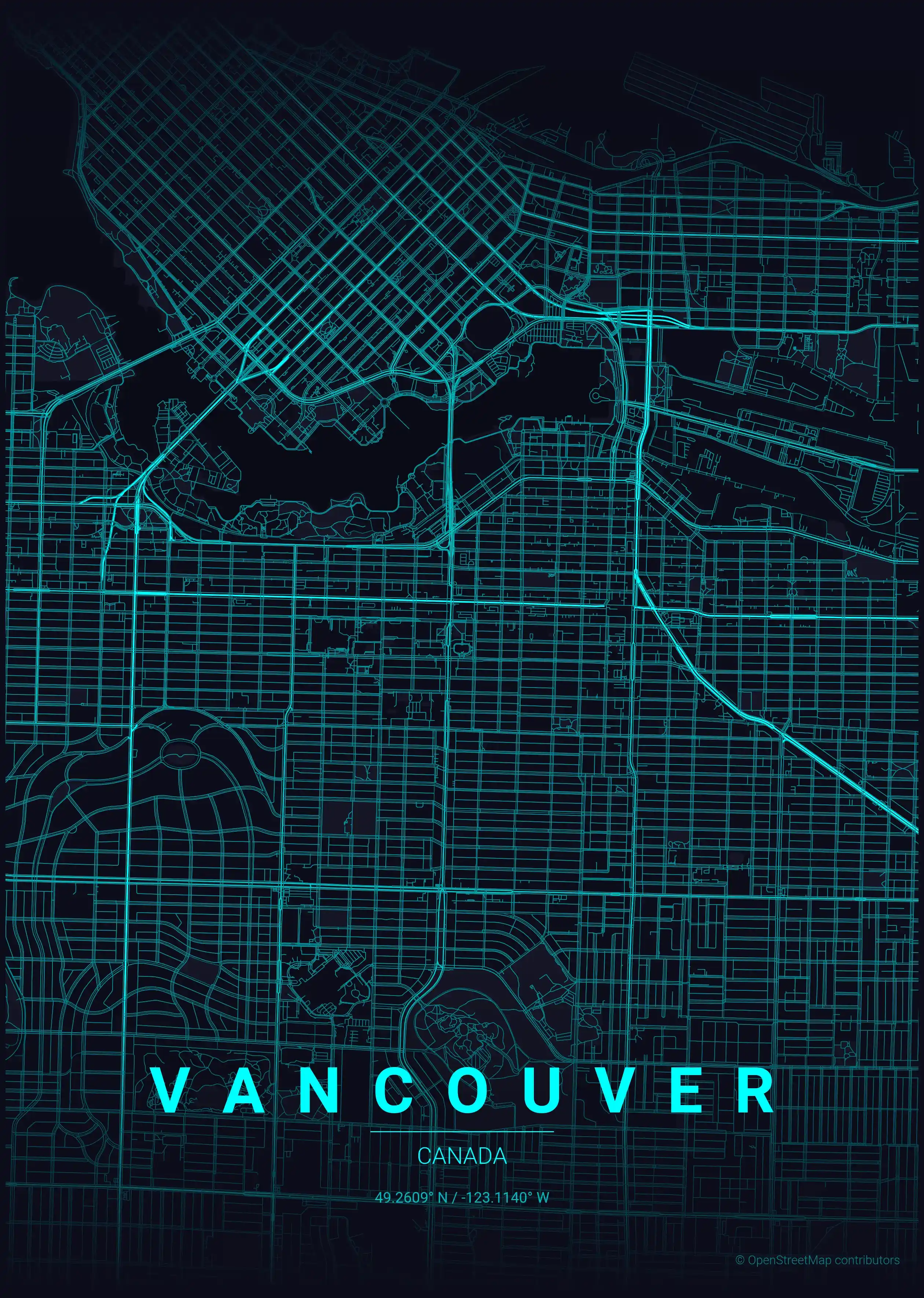 Minimalist neon_cyberpunk street map of Vancouver, Canada - Urban grid art