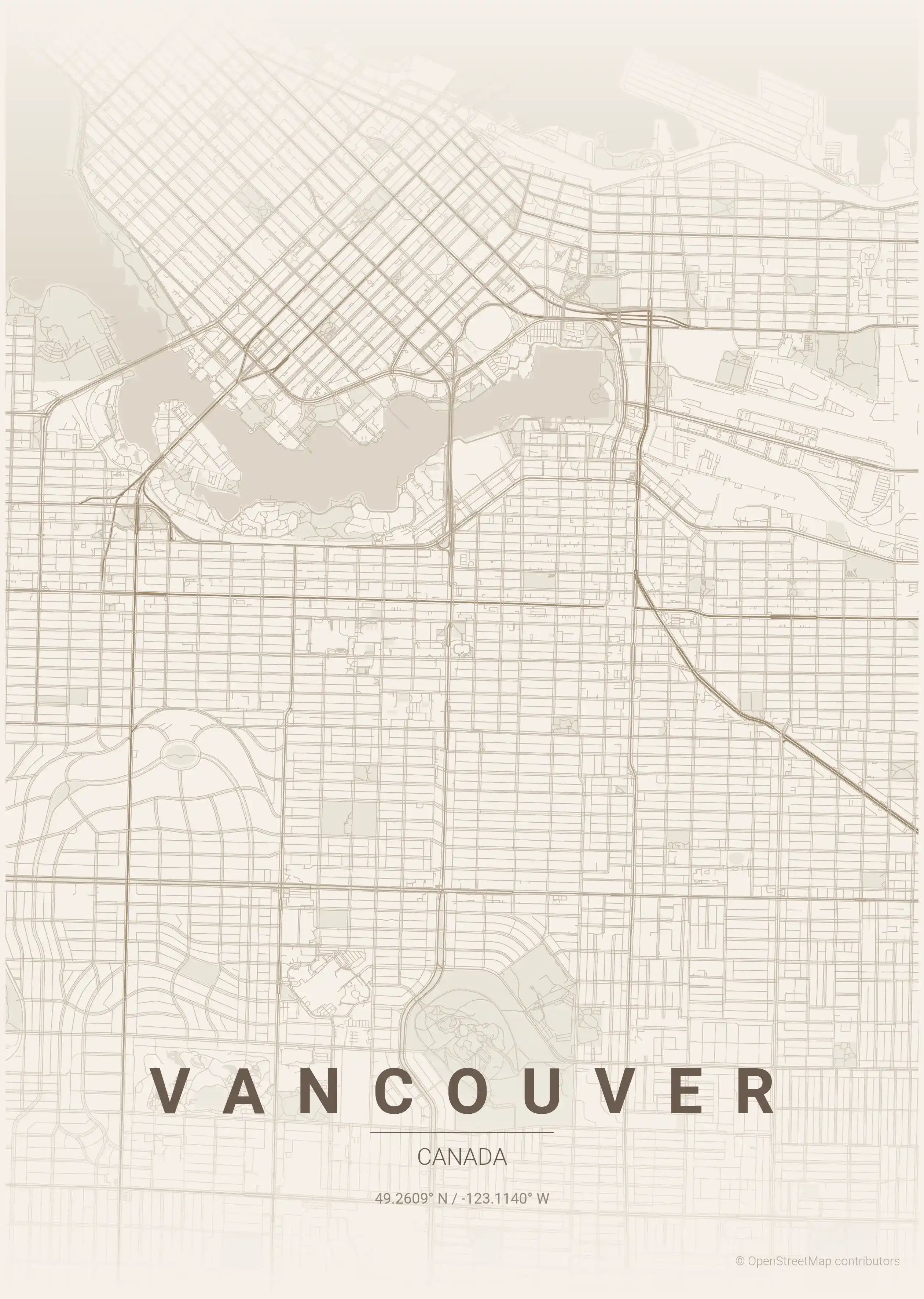 Minimalist warm_beige street map of Vancouver, Canada - Urban grid art
