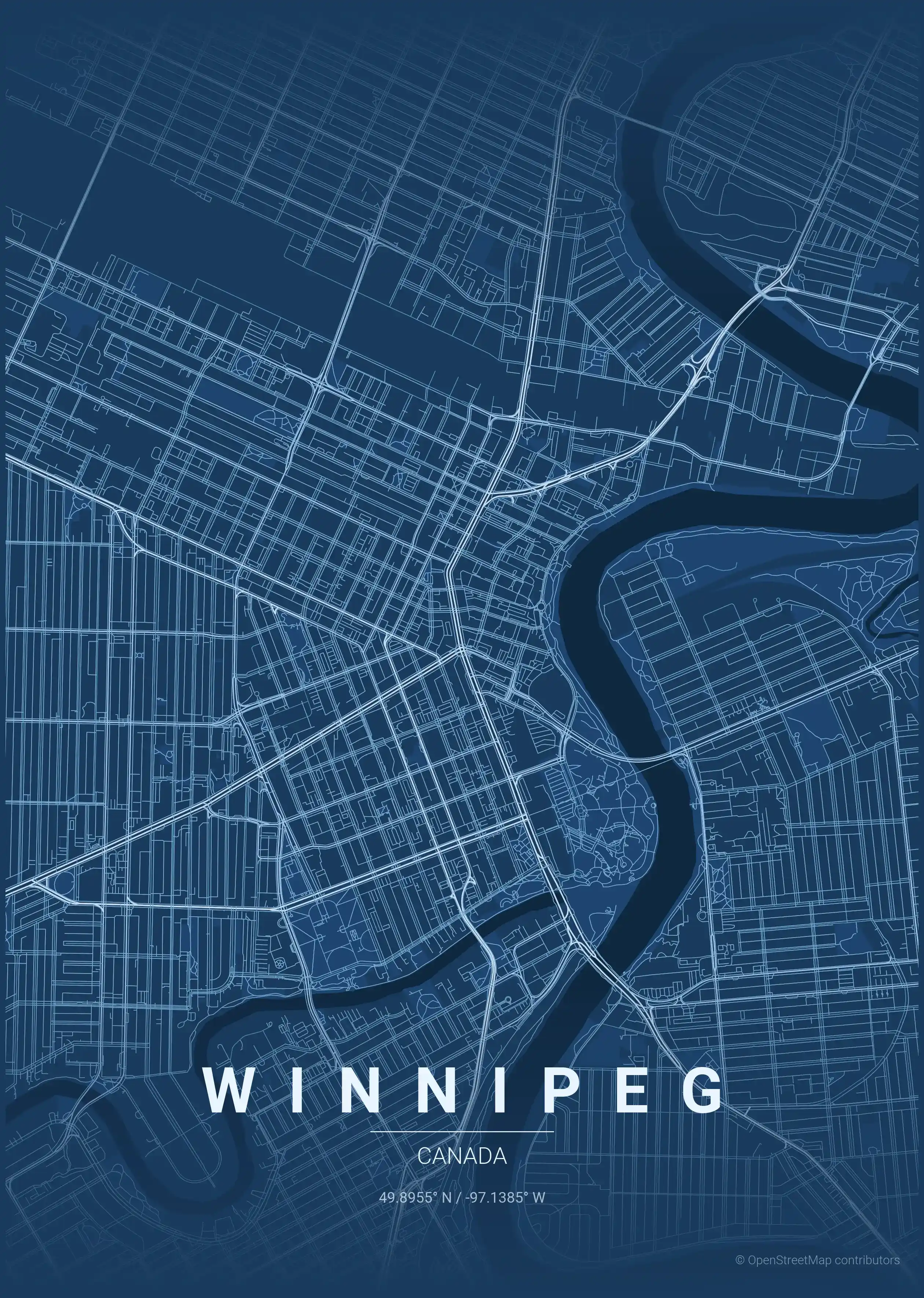 Minimalist blueprint street map of Winnipeg, Canada - Urban grid art