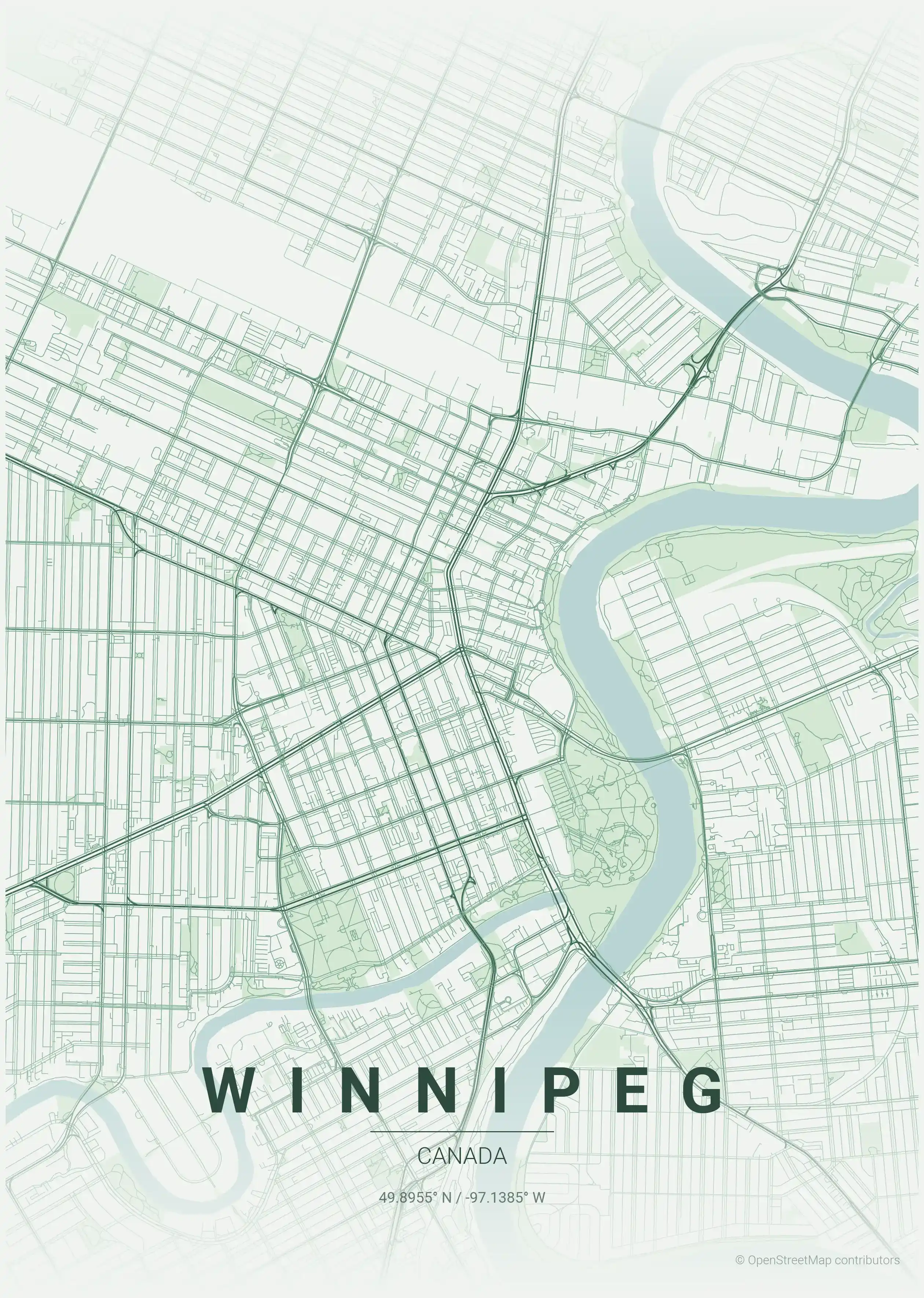 Minimalist forest street map of Winnipeg, Canada - Urban grid art