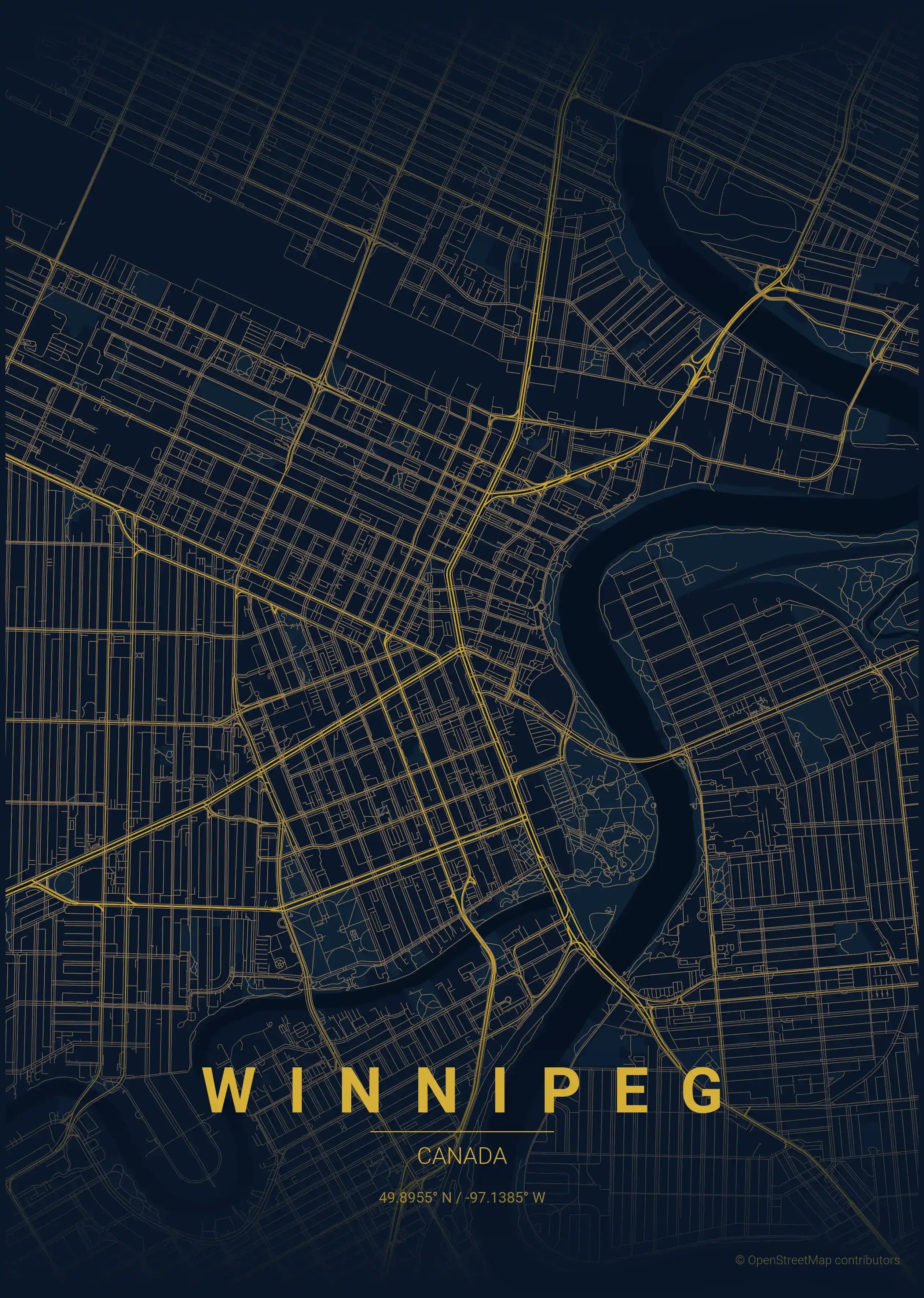 Minimalist midnight_blue street map of Winnipeg, Canada - Urban grid art