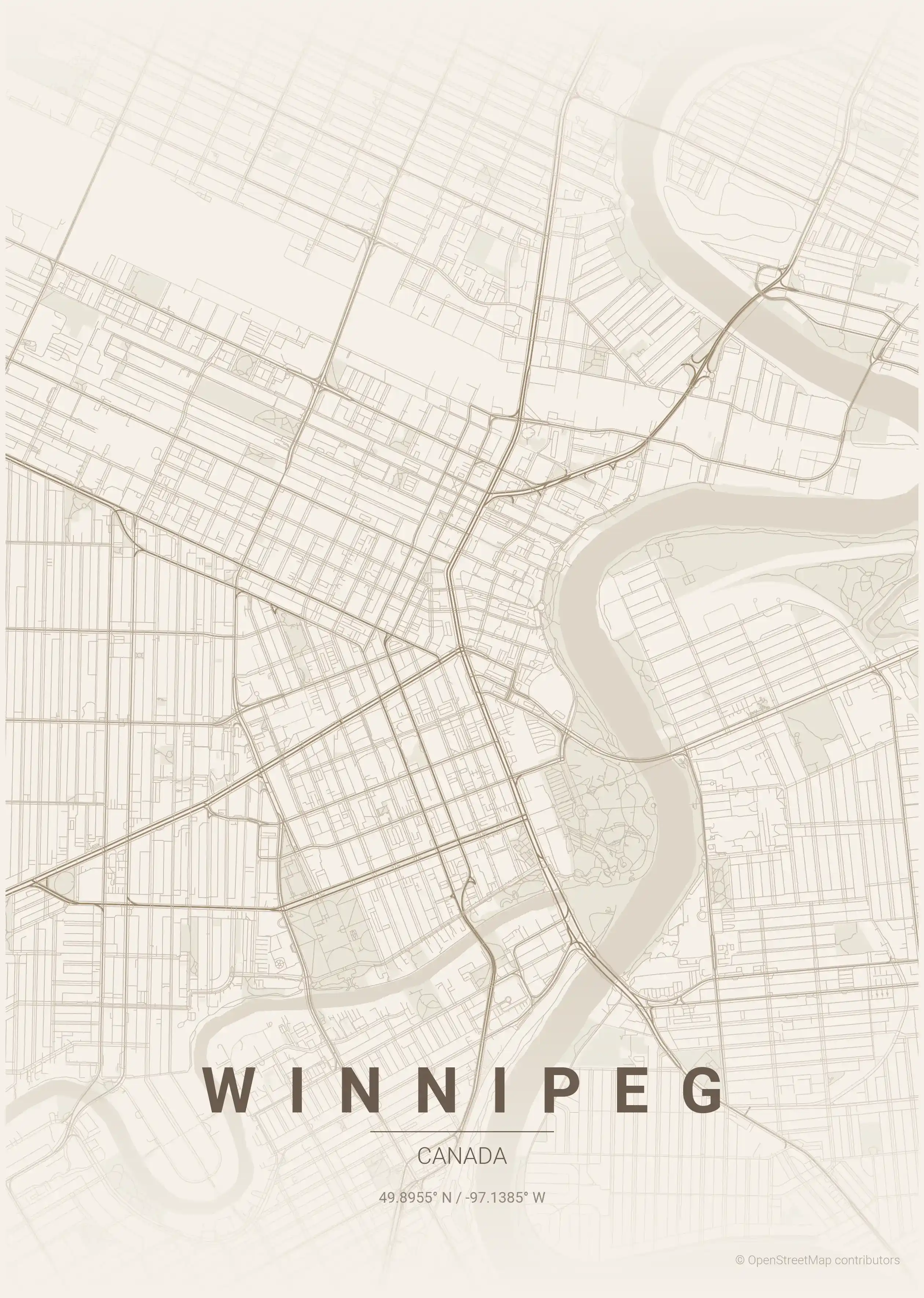 Minimalist warm_beige street map of Winnipeg, Canada - Urban grid art