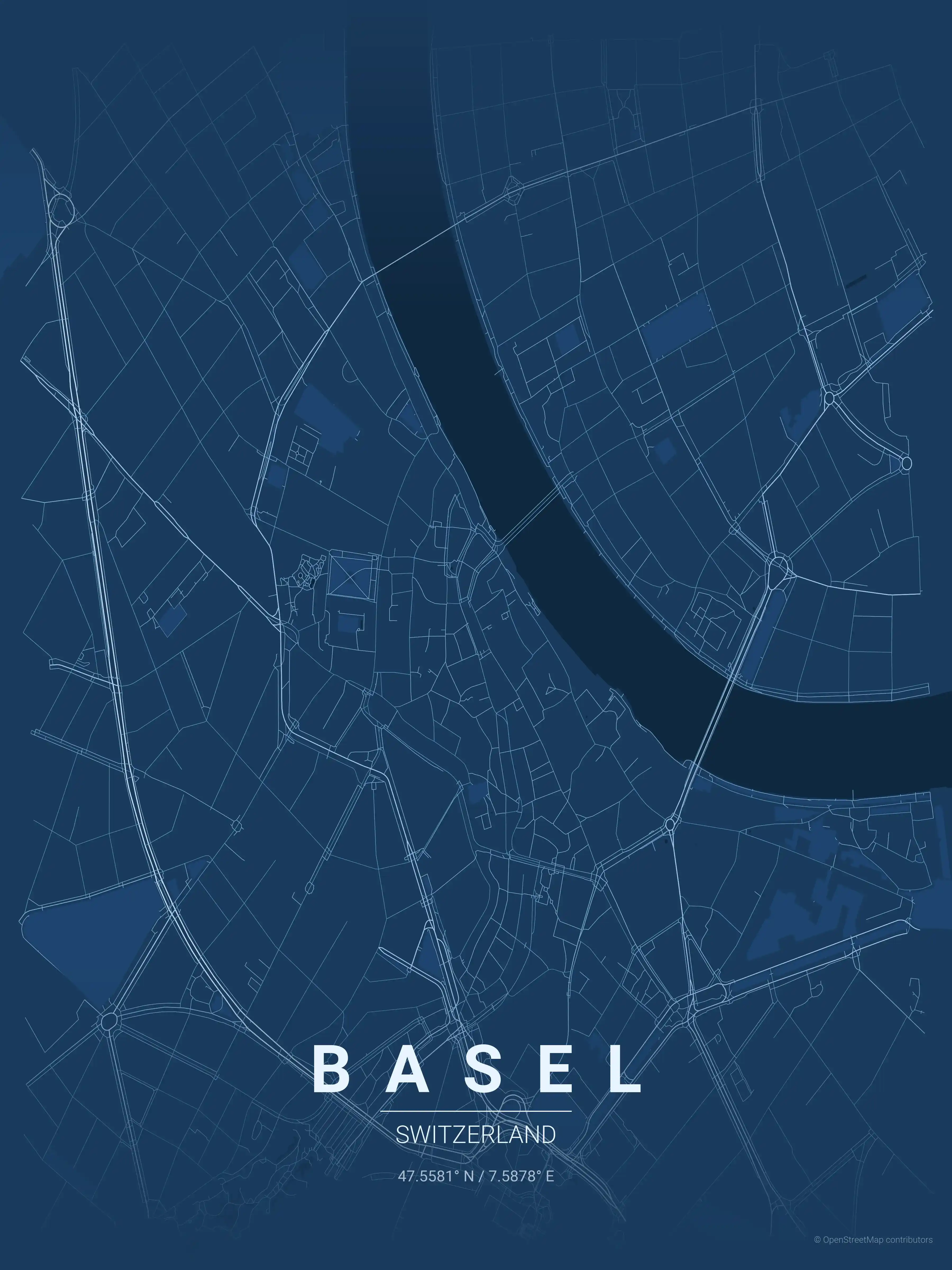 Minimalist blueprint street map of Basel, Switzerland - Urban grid art
