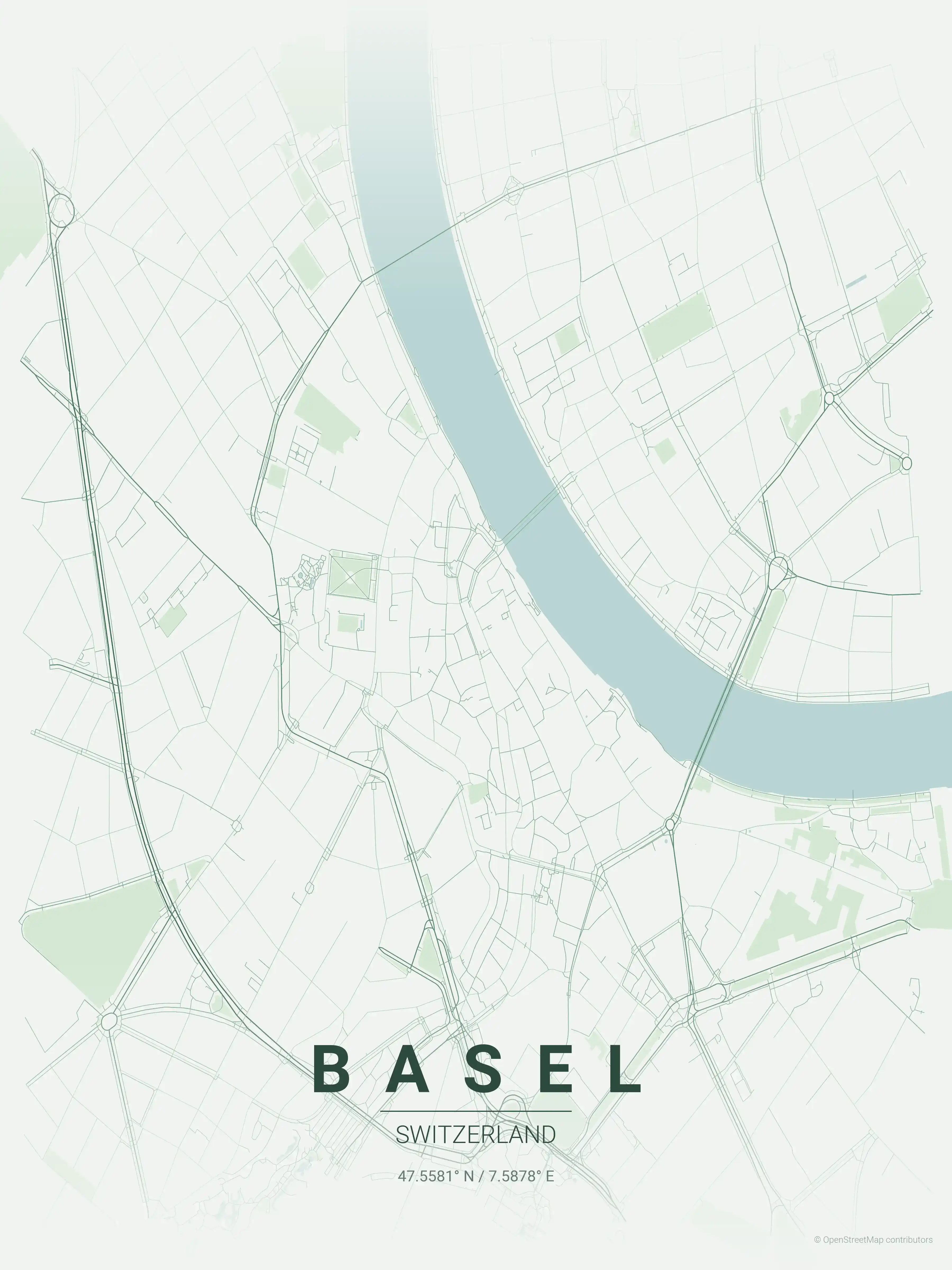 Minimalist forest street map of Basel, Switzerland - Urban grid art