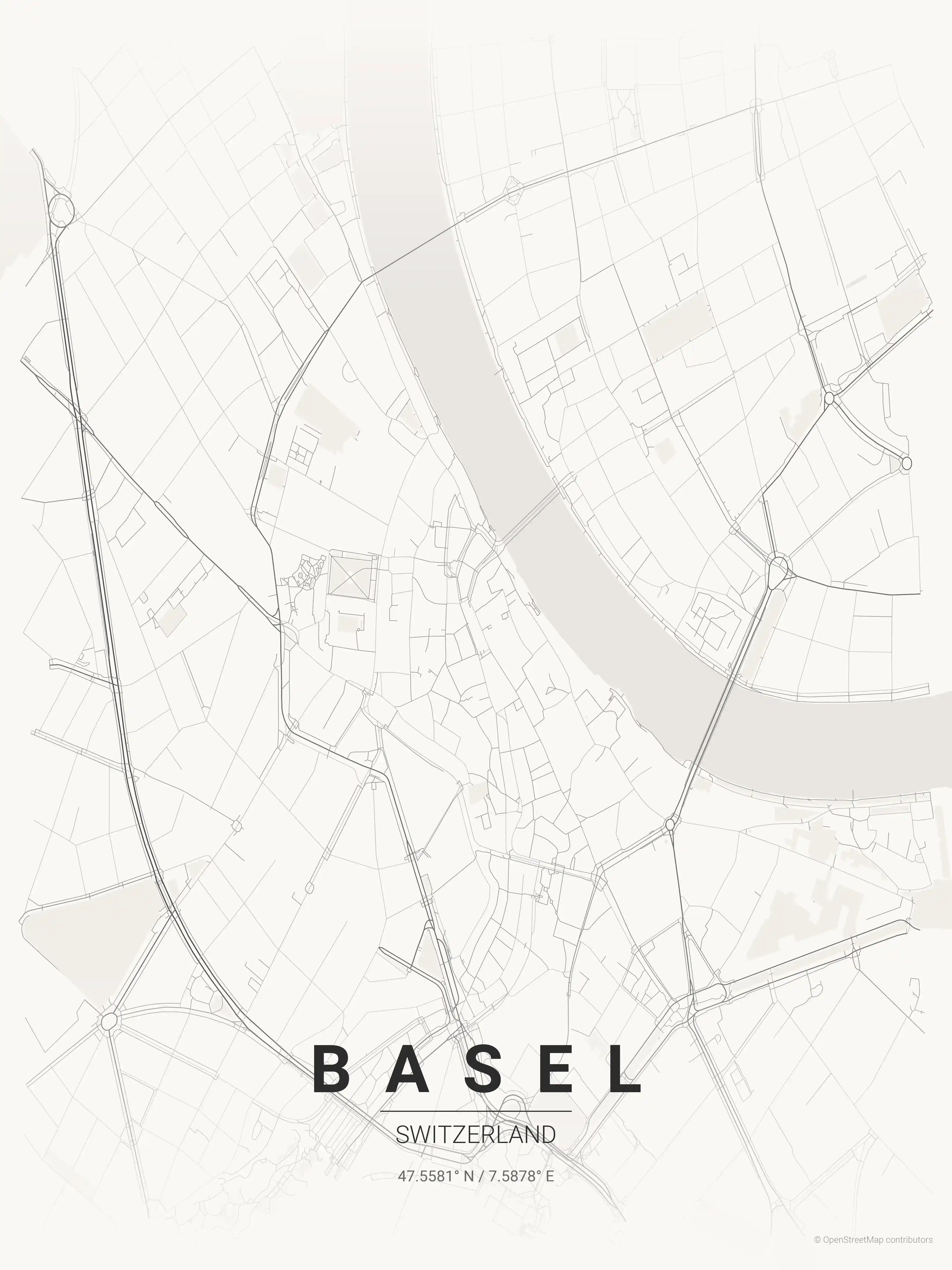 Minimalist japanese_ink street map of Basel, Switzerland - Urban grid art