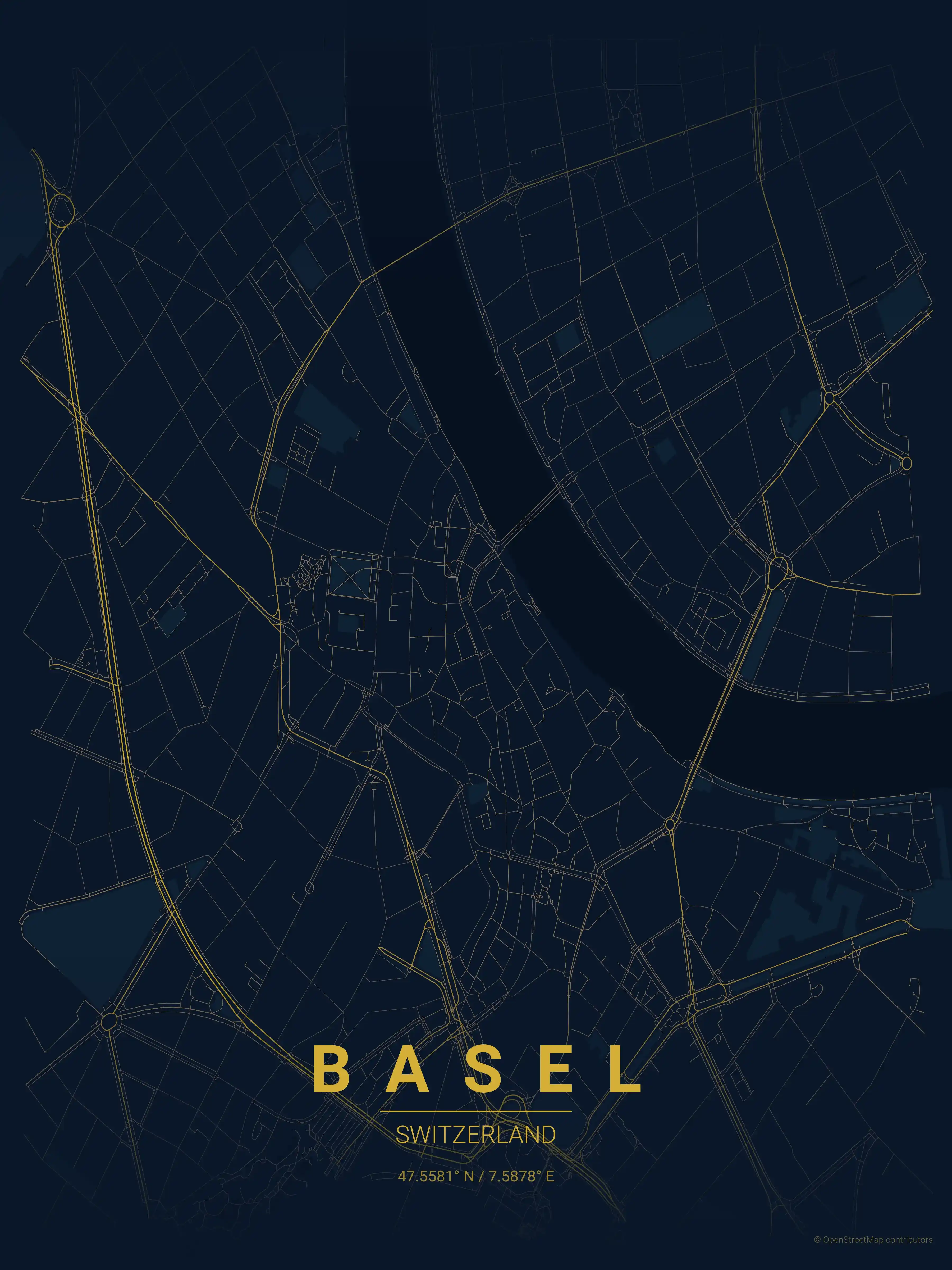 Minimalist midnight_blue street map of Basel, Switzerland - Urban grid art