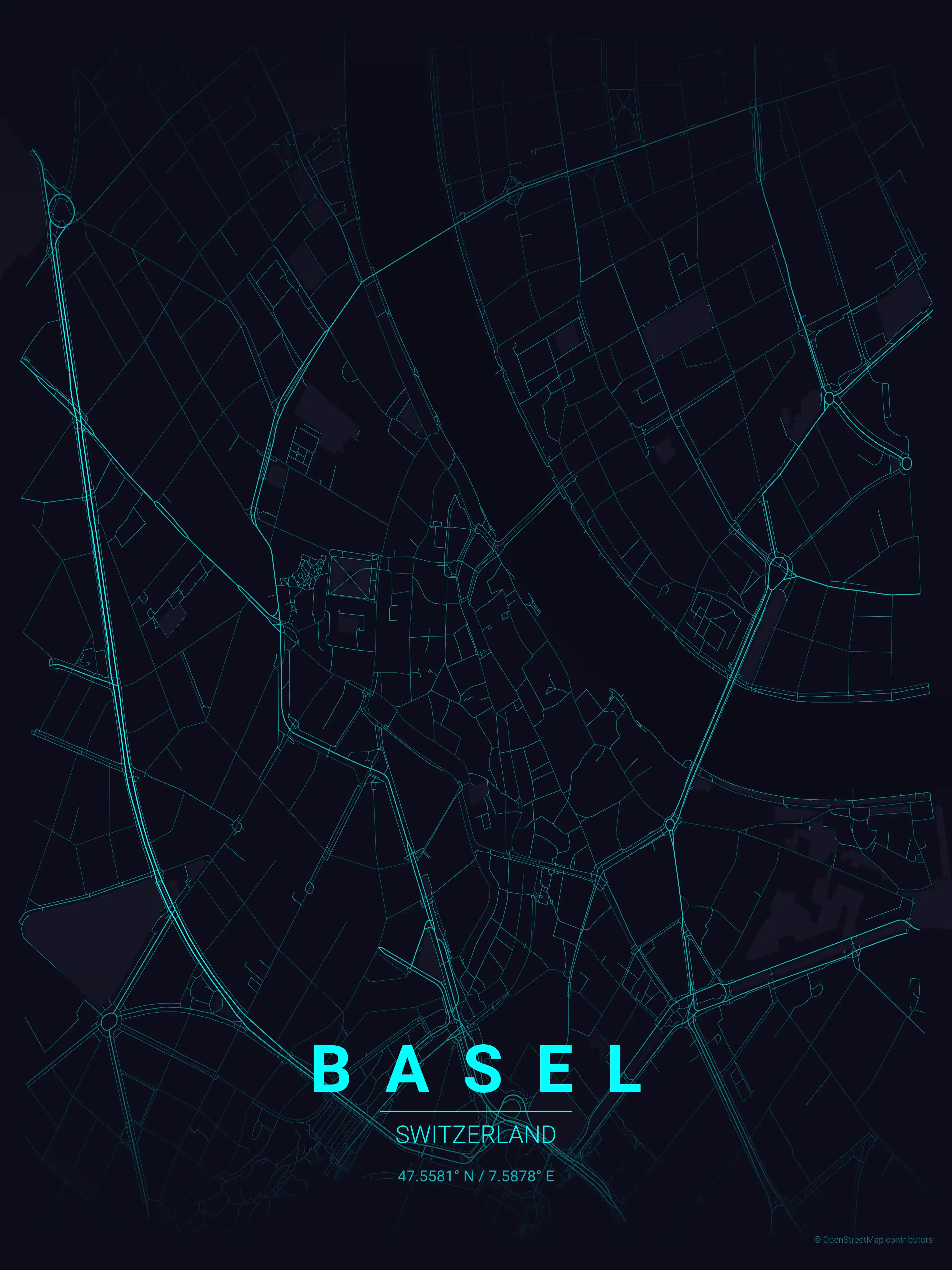 Minimalist neon_cyberpunk street map of Basel, Switzerland - Urban grid art