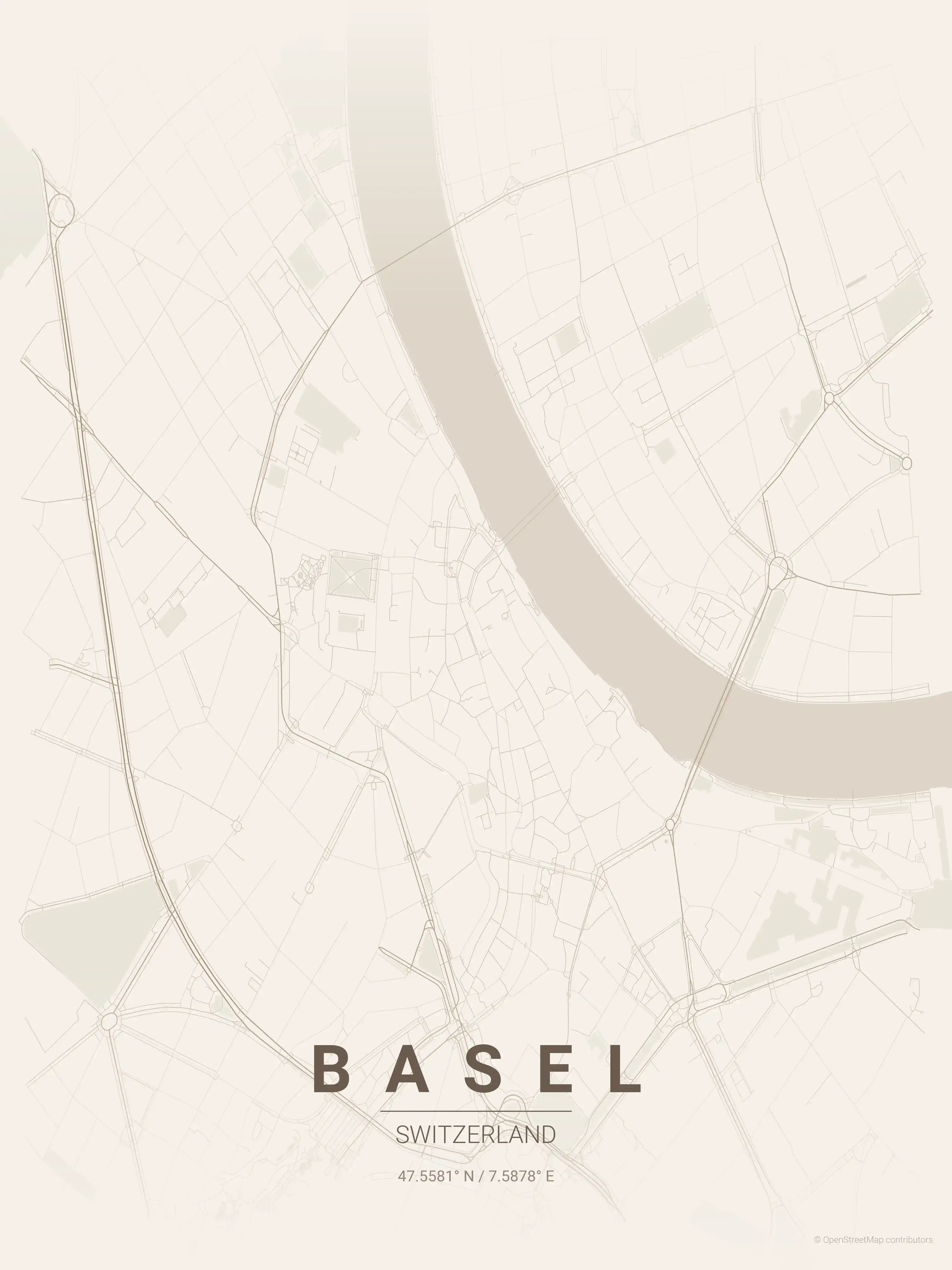 Minimalist warm_beige street map of Basel, Switzerland - Urban grid art