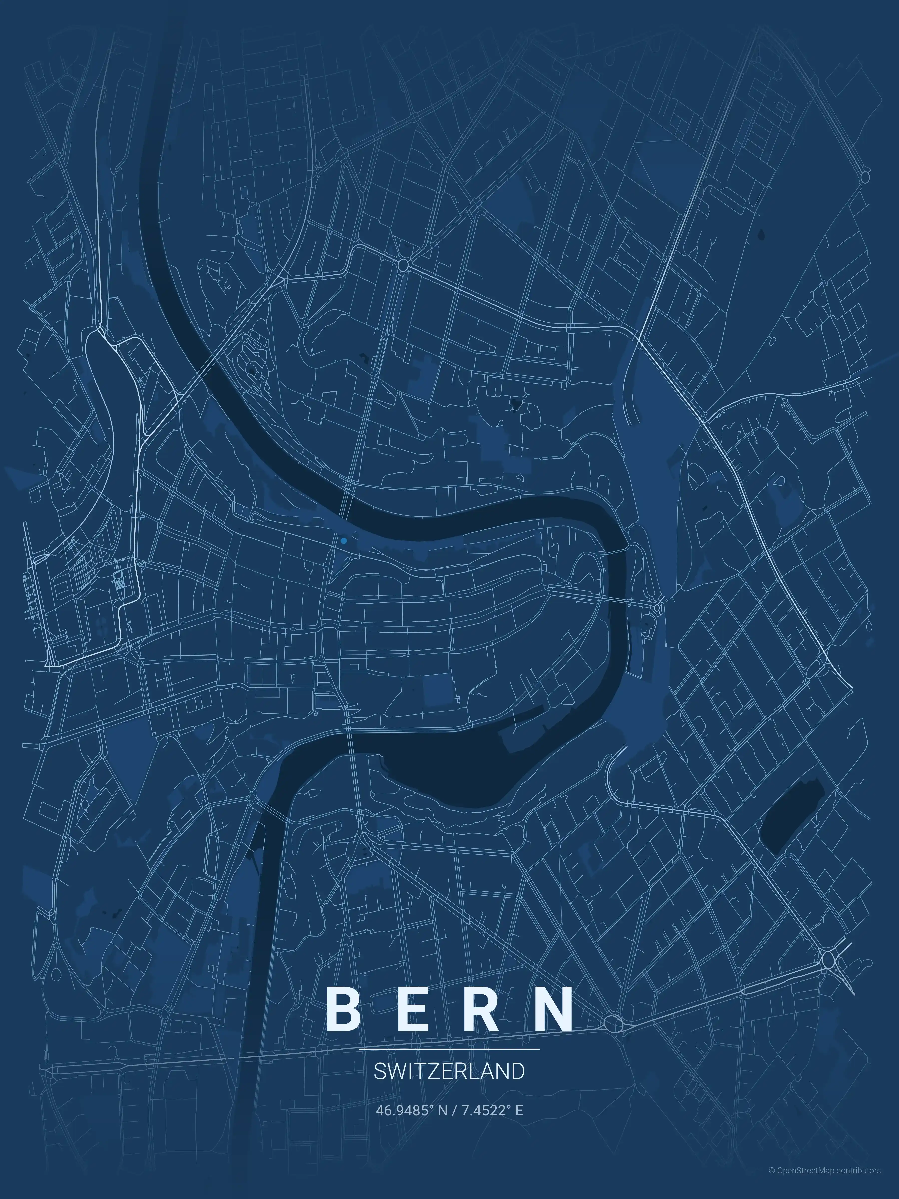 Minimalist blueprint street map of Bern, Switzerland - Urban grid art