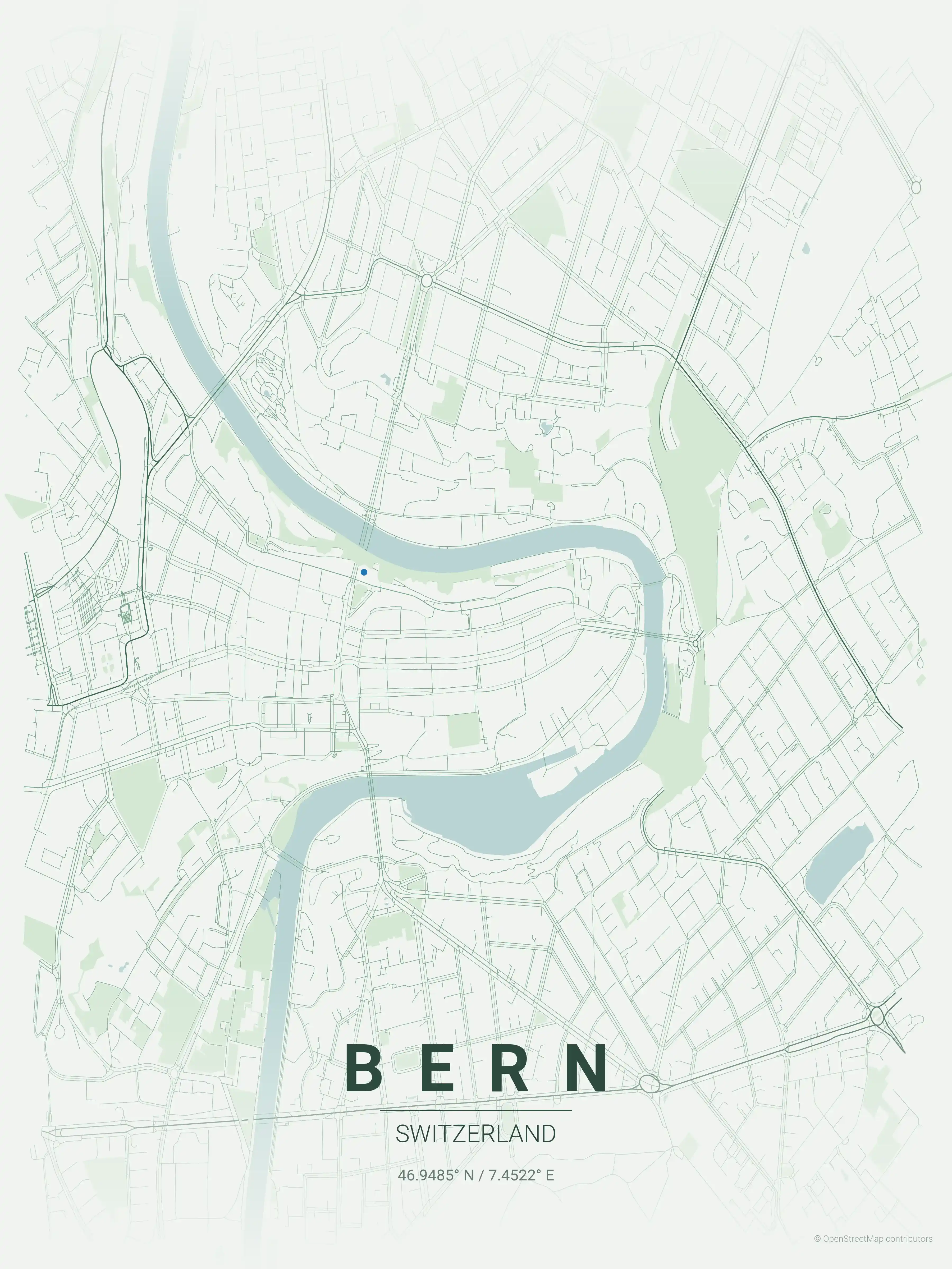 Minimalist forest street map of Bern, Switzerland - Urban grid art
