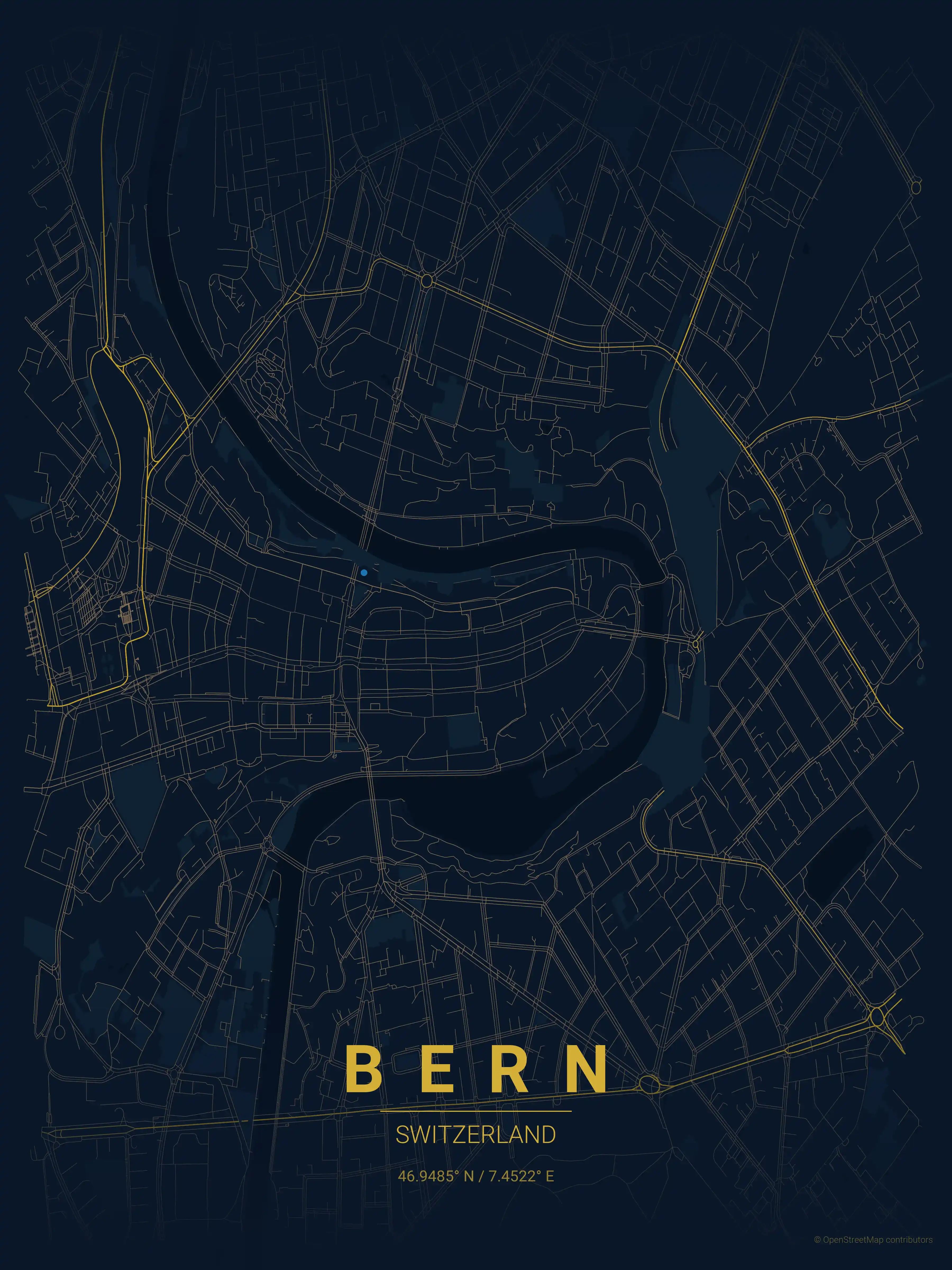 Minimalist midnight_blue street map of Bern, Switzerland - Urban grid art