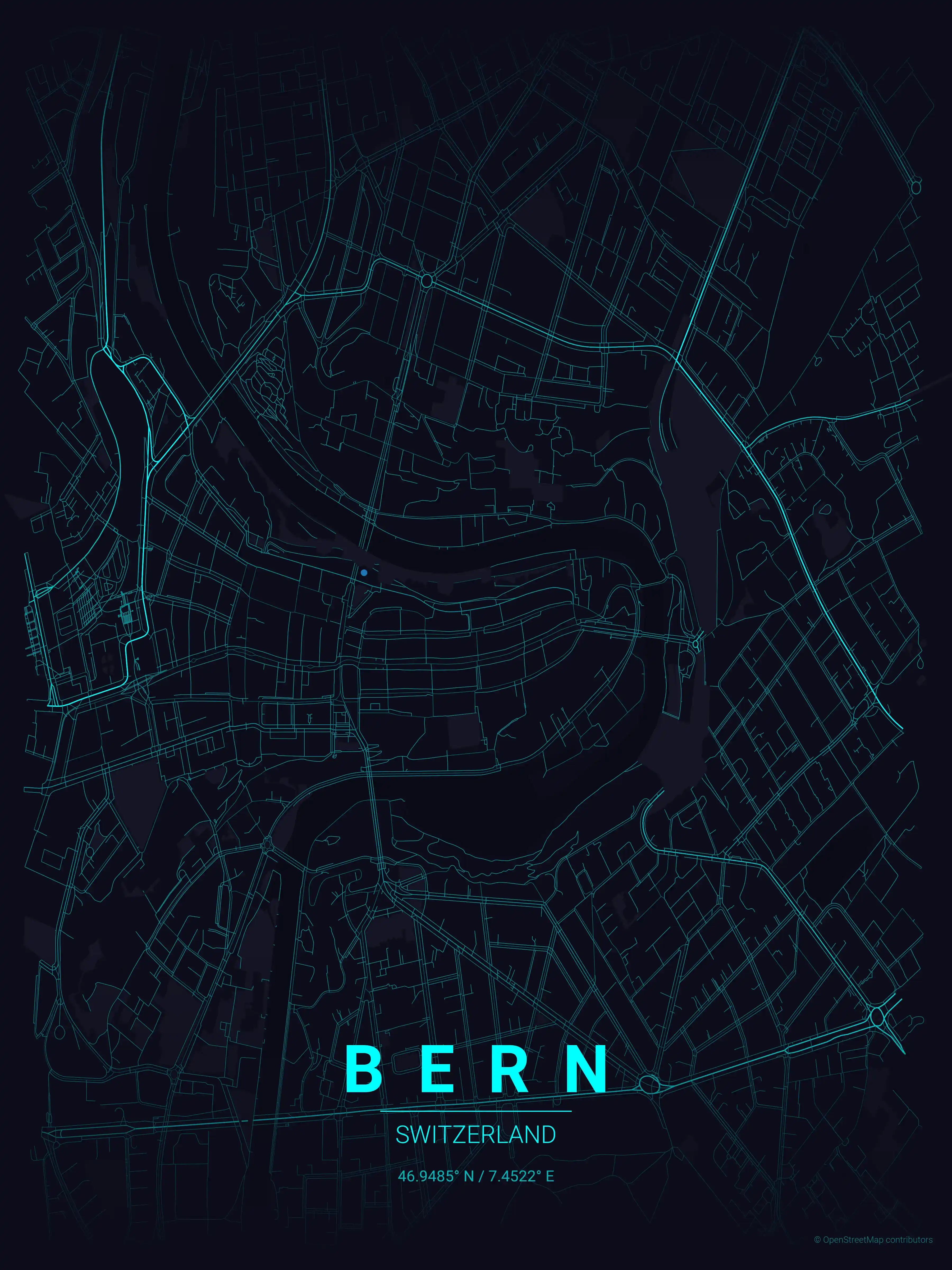 Minimalist neon_cyberpunk street map of Bern, Switzerland - Urban grid art