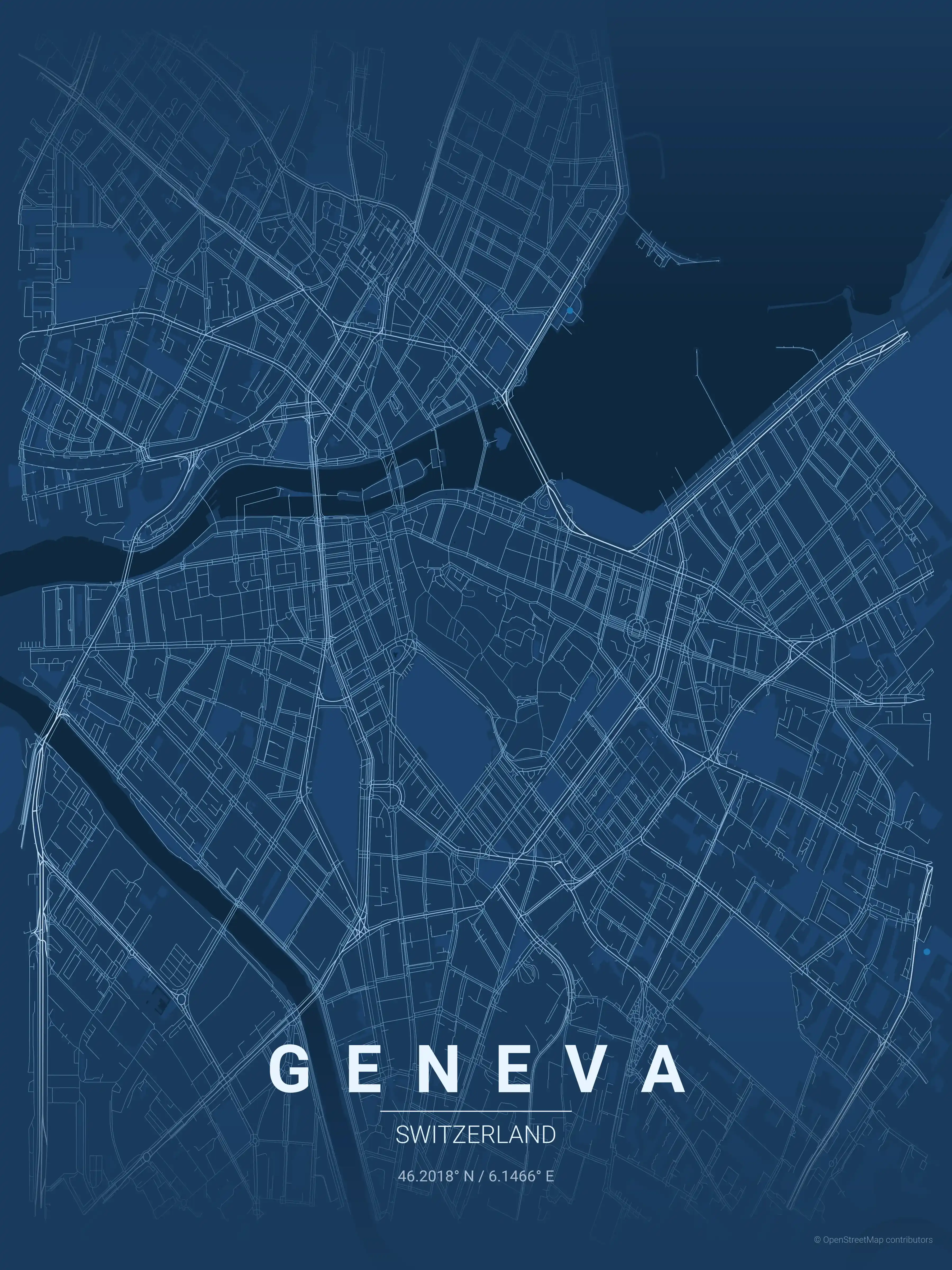 Minimalist blueprint street map of Geneva, Switzerland - Urban grid art