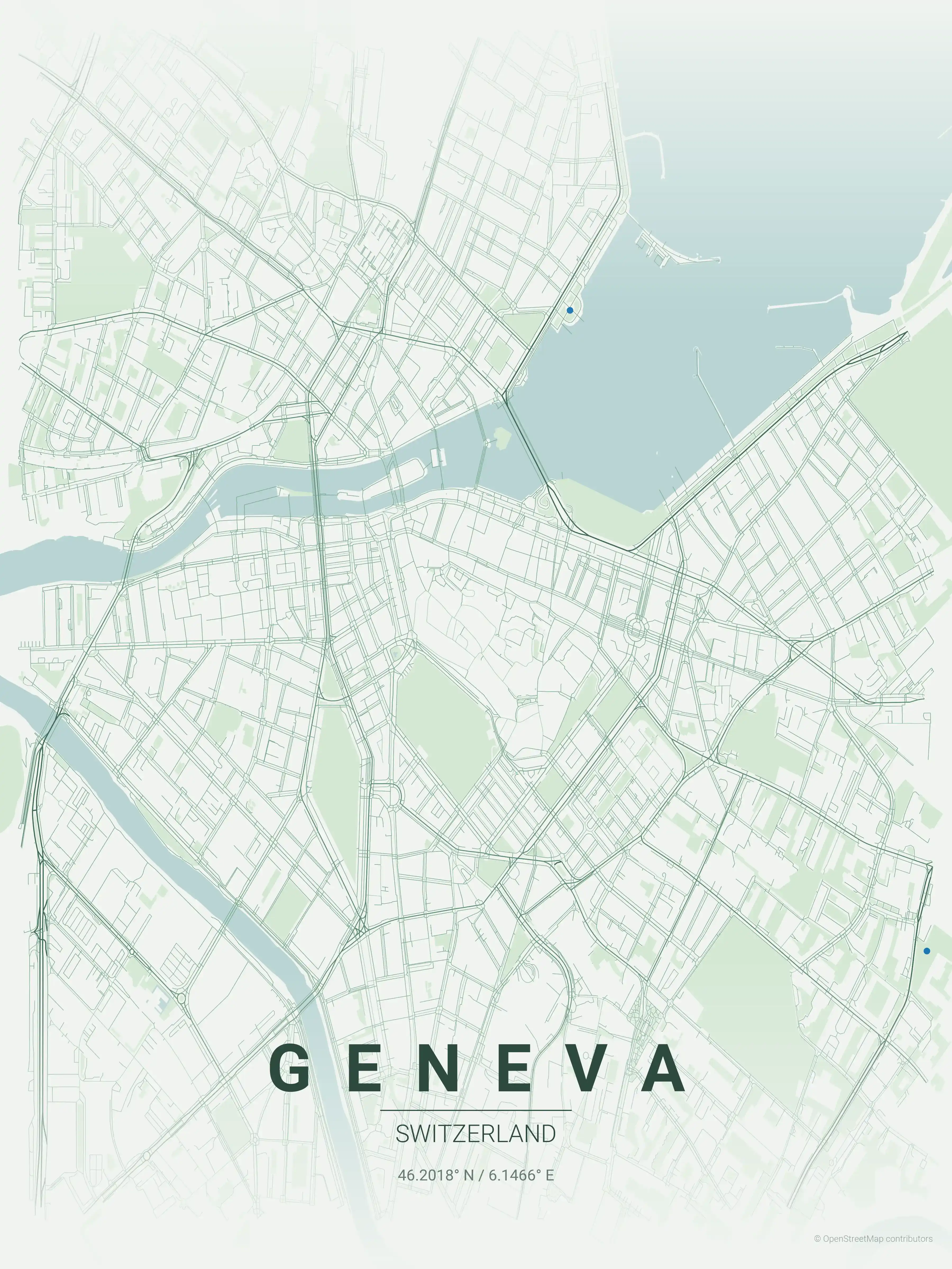 Minimalist forest street map of Geneva, Switzerland - Urban grid art