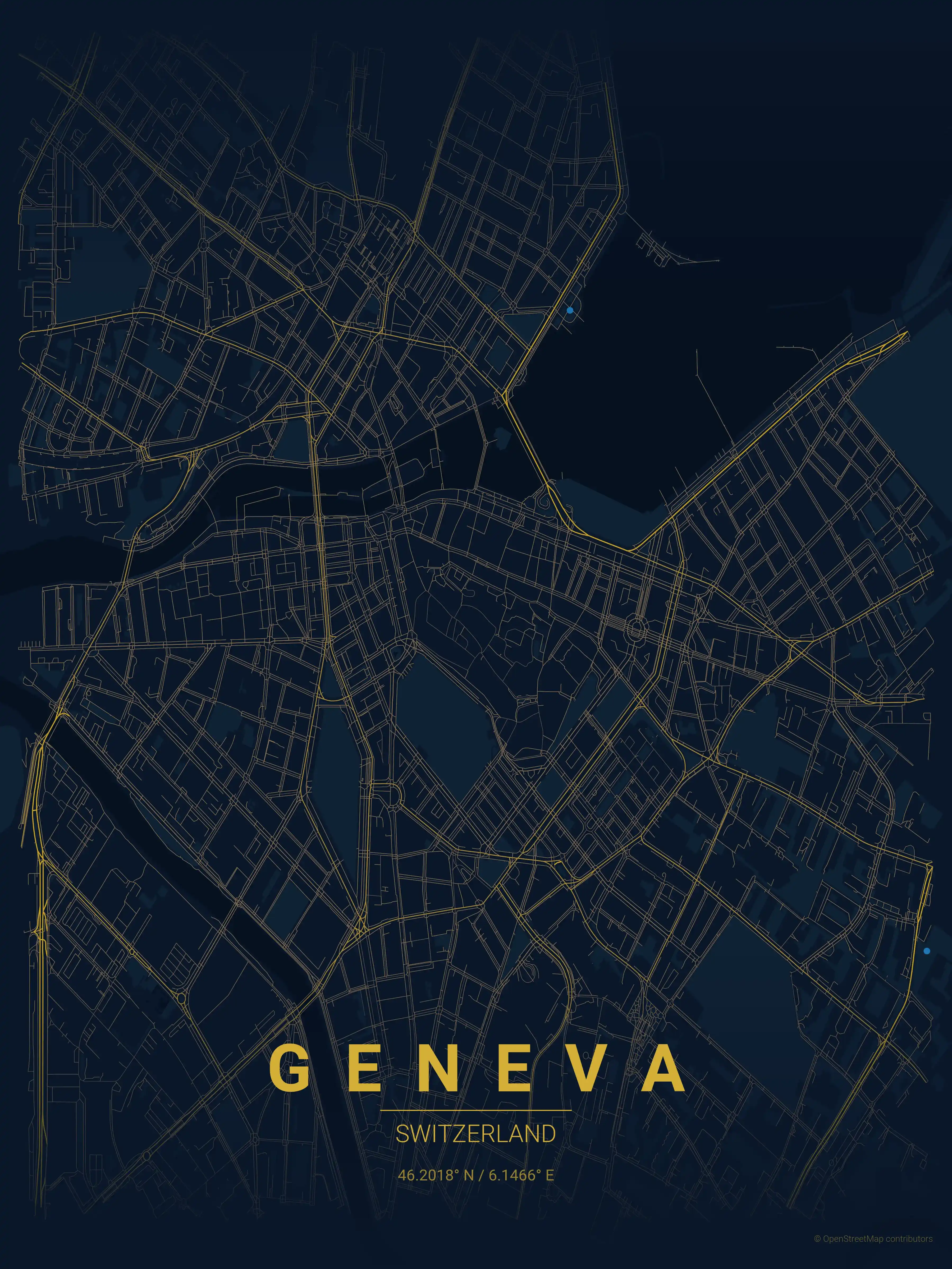 Minimalist midnight_blue street map of Geneva, Switzerland - Urban grid art