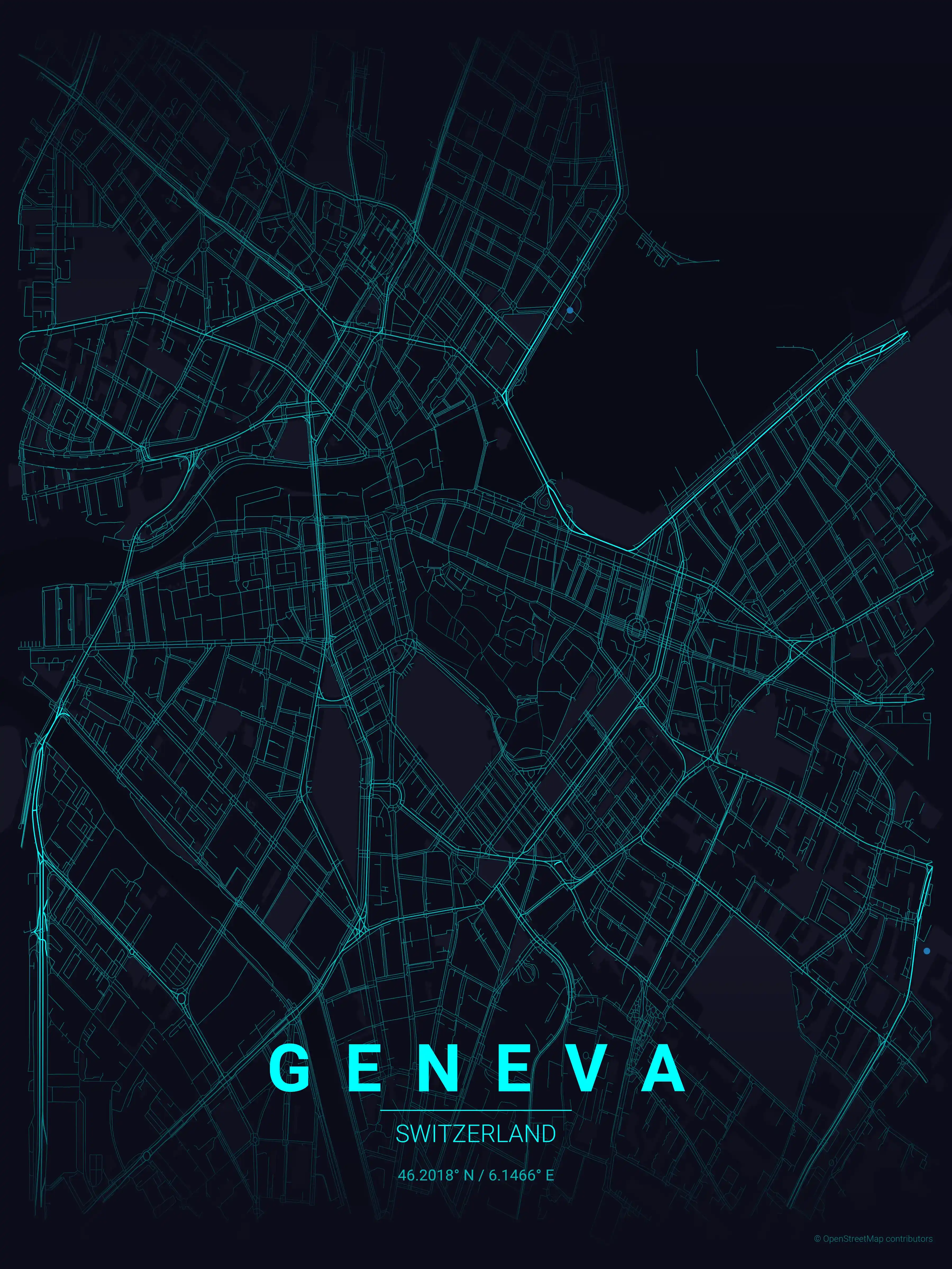 Minimalist neon_cyberpunk street map of Geneva, Switzerland - Urban grid art