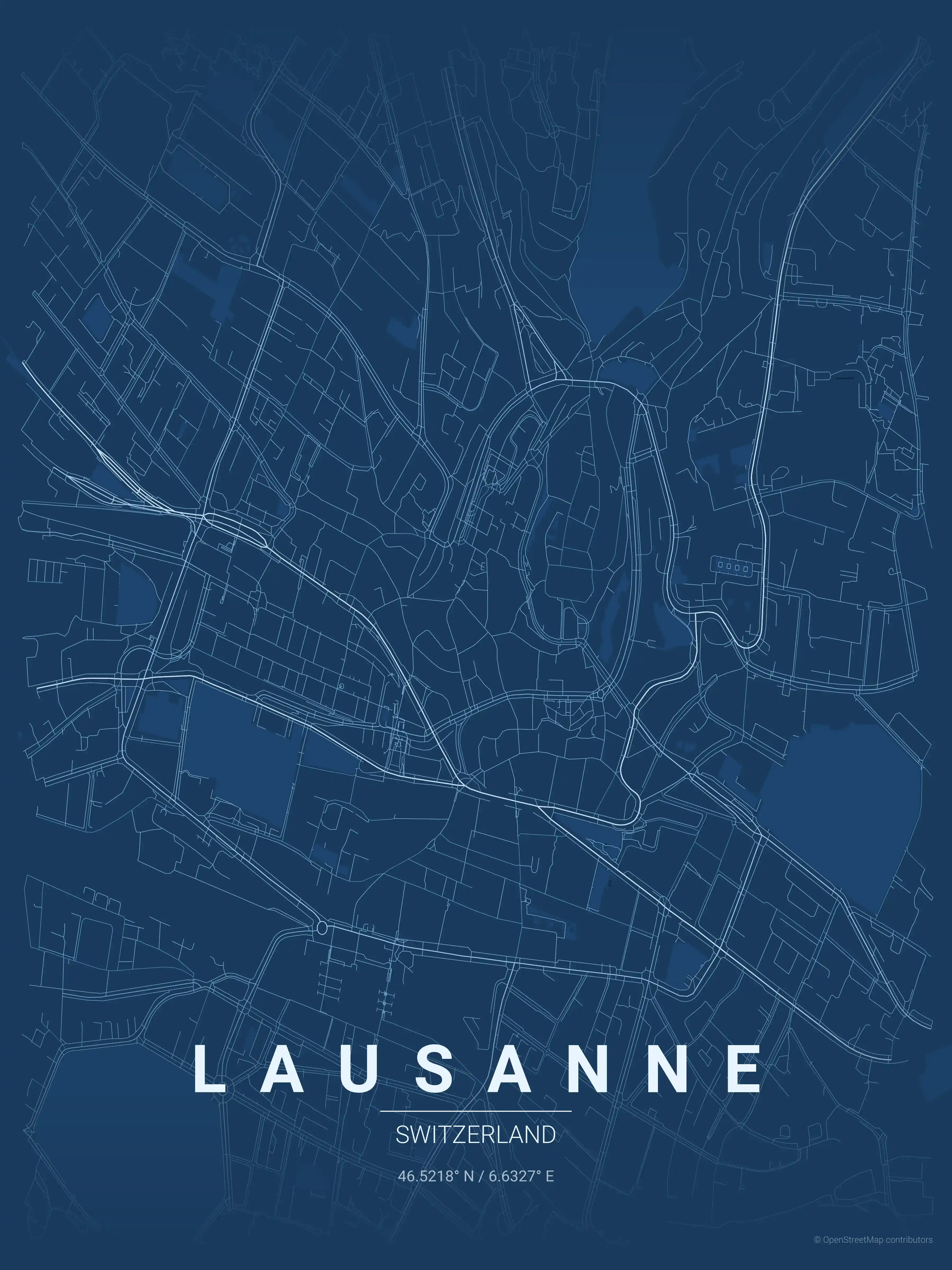 Minimalist blueprint street map of Lausanne, Switzerland - Urban grid art