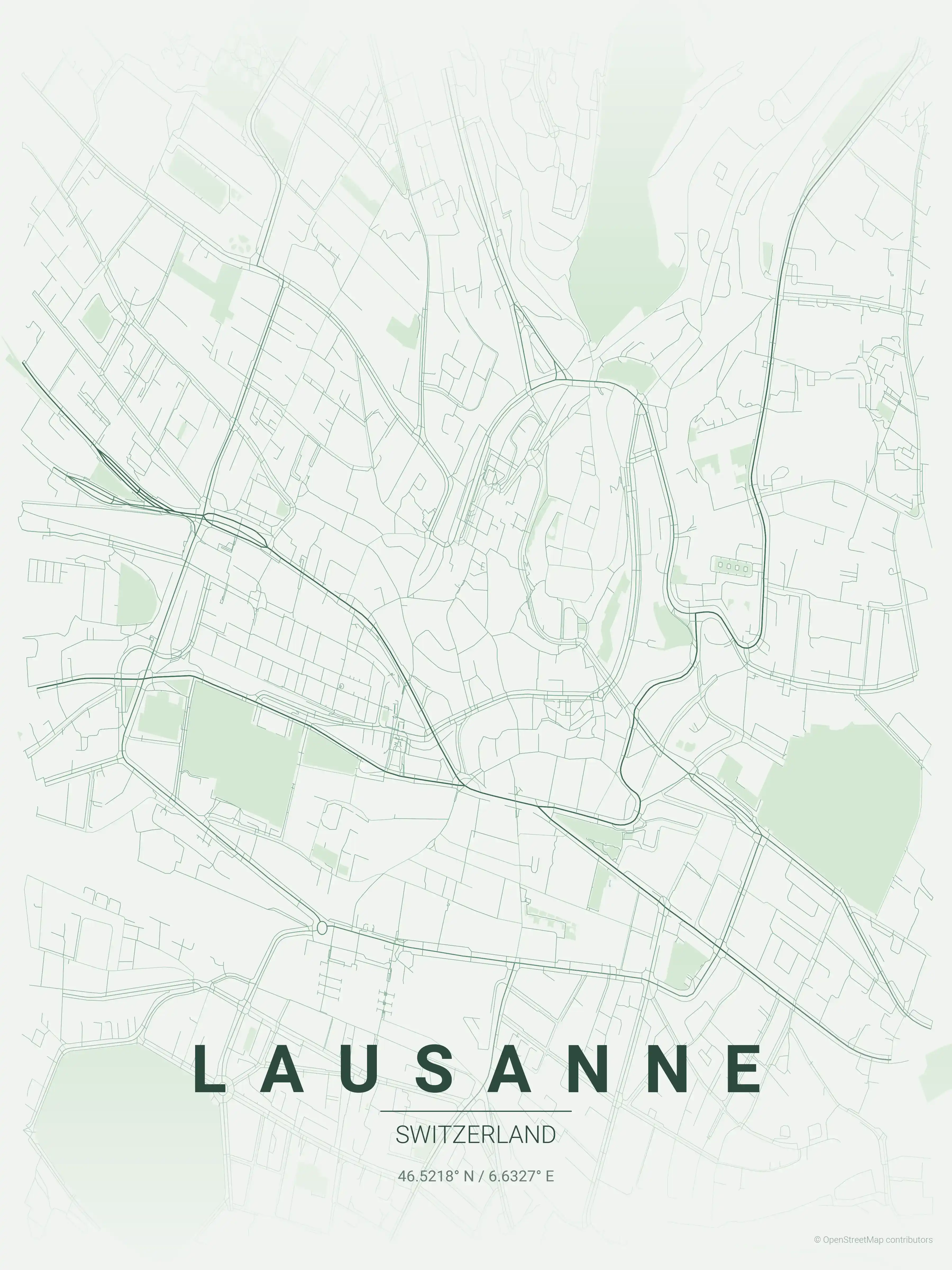 Minimalist forest street map of Lausanne, Switzerland - Urban grid art