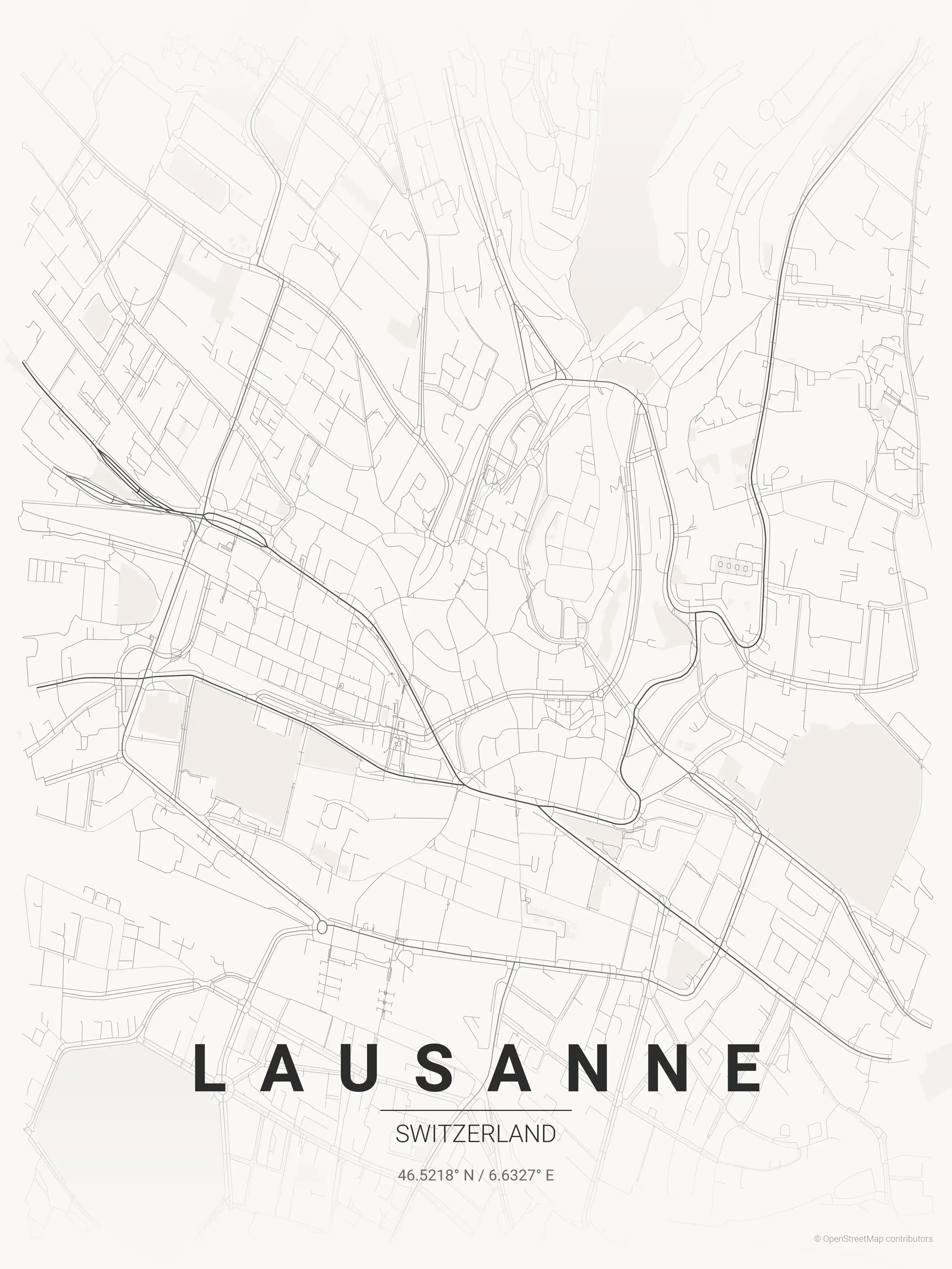 Minimalist japanese_ink street map of Lausanne, Switzerland - Urban grid art